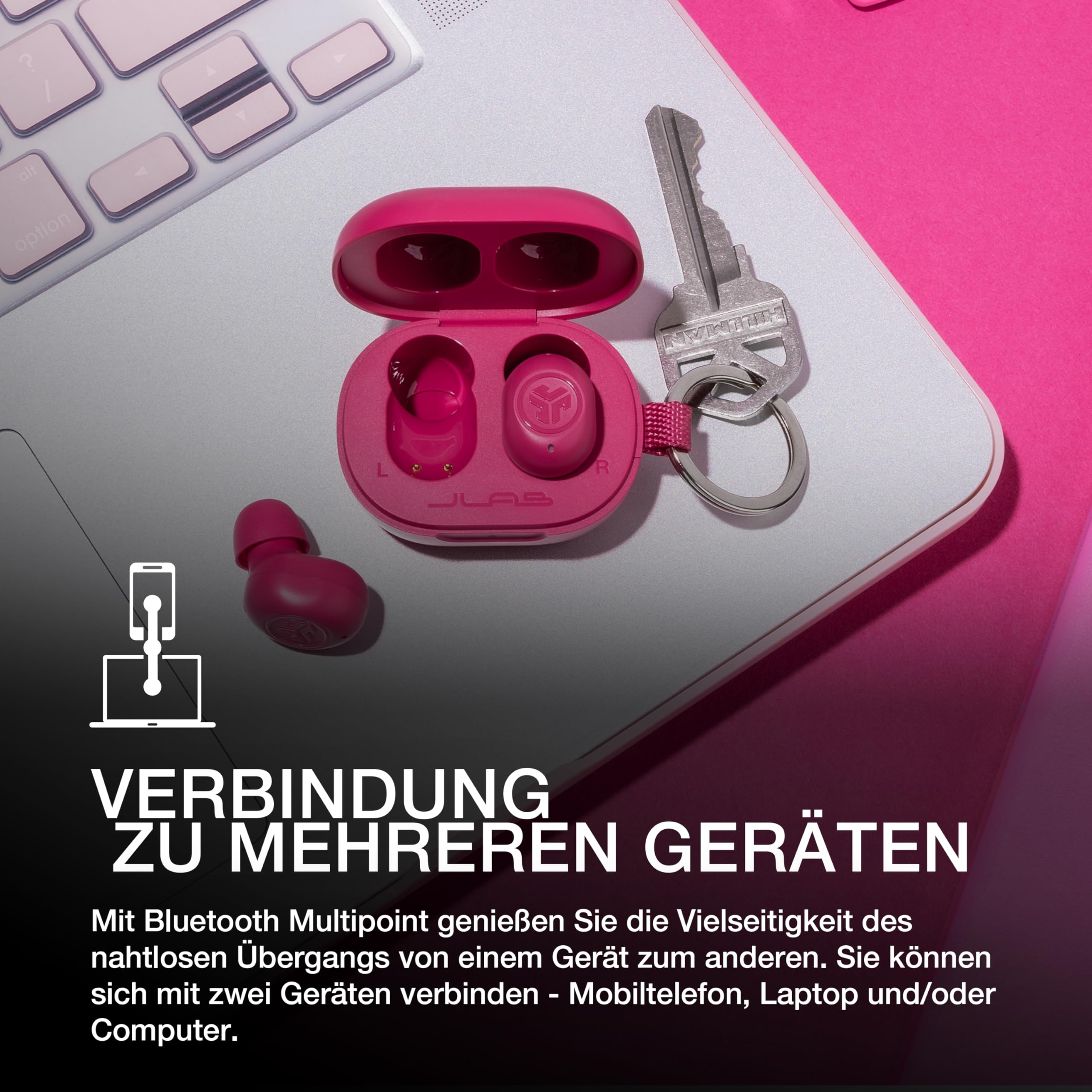 JLab JBuds Mini In Ear Kopfhörer kabellos Bluetooth, True Wireless Kopfhörer, 20+ Std Headphones, kabellose Ohrhörer, Earbuds mit Mikrofon, Ladebox, Dual Connect, EQ3 Sound, Rosa