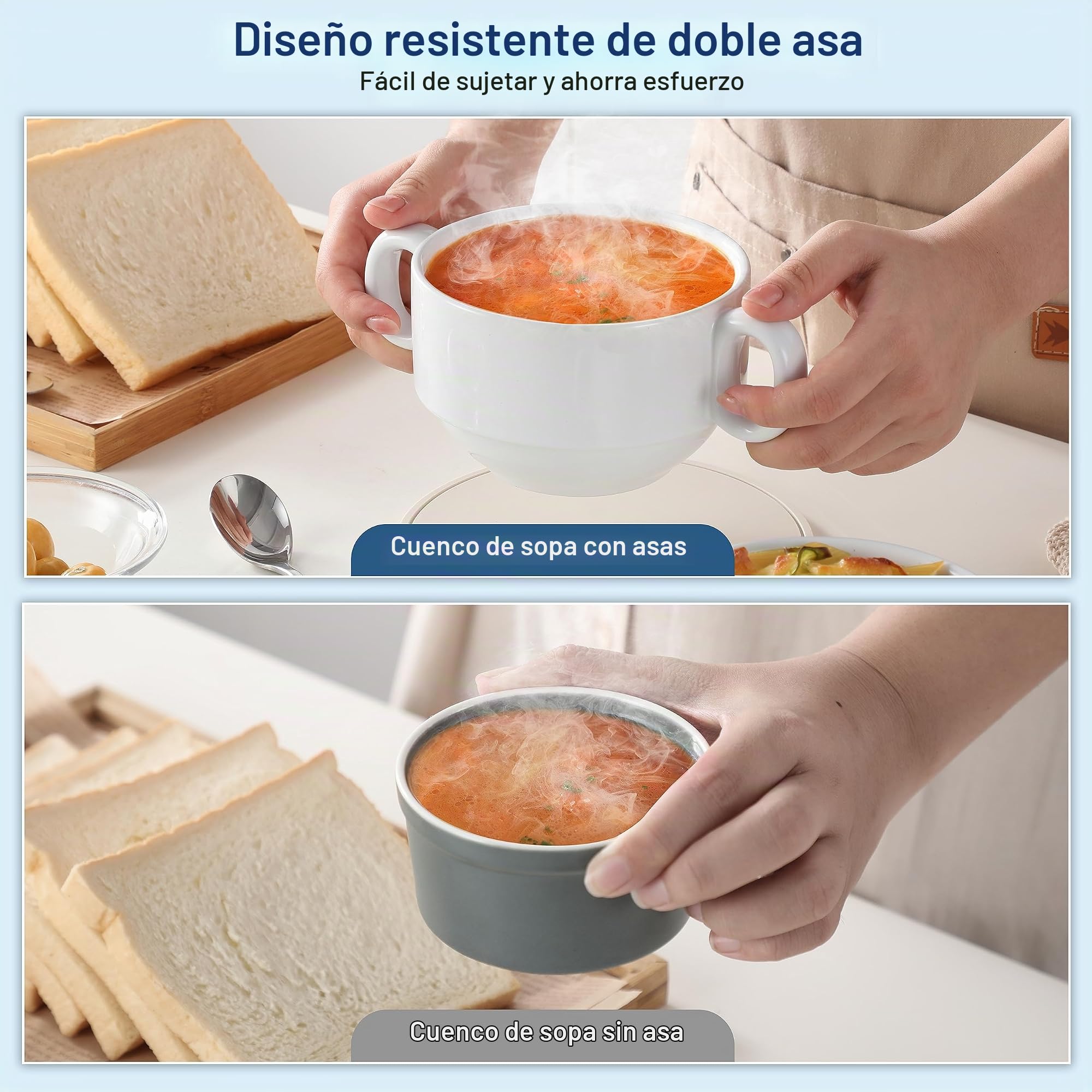 LOVECASA Tazones de Consomã y Cereales 590 ml con 2 Asas, Soperas Pequeña de Porcelana, Juego de 4 Cuencos para Ensalada de Frutas con Yogur, Aptos para Microondas y Lavavajillas, 12 x 8 cm, Blanco