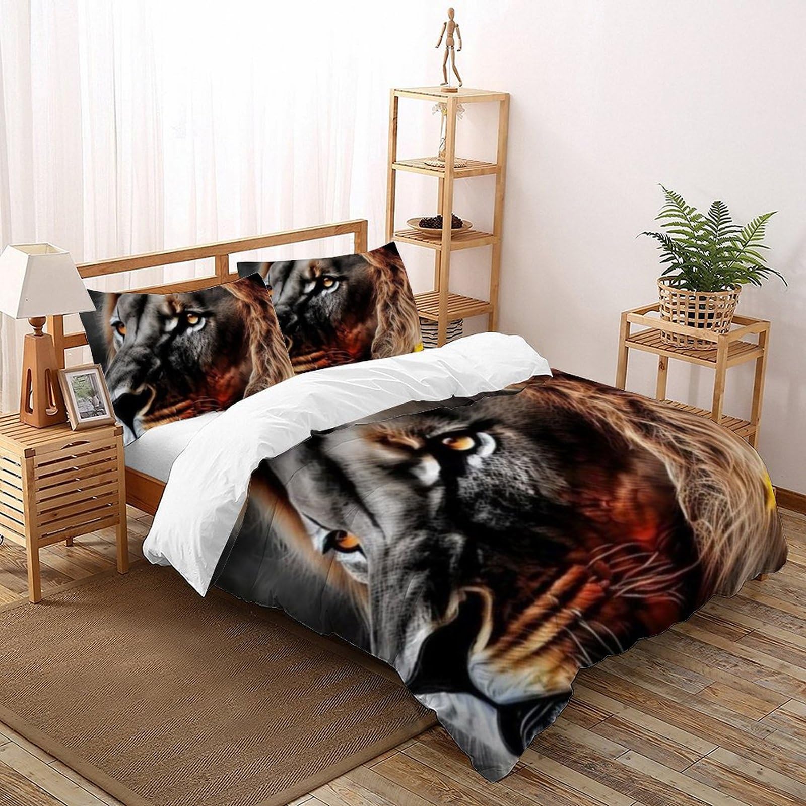 Housse de couette super king 260x220 fermeture éclair lit animaux imprimé 3D lion de feu microfibre