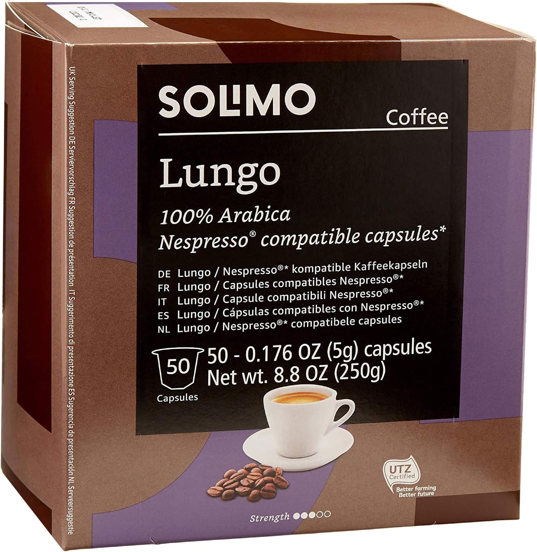 Amazon Brand - Solimo Lungo Capsules, Compatible with Nespresso Original Brewers, Medium Roast, 50 Count (Pack of 1)