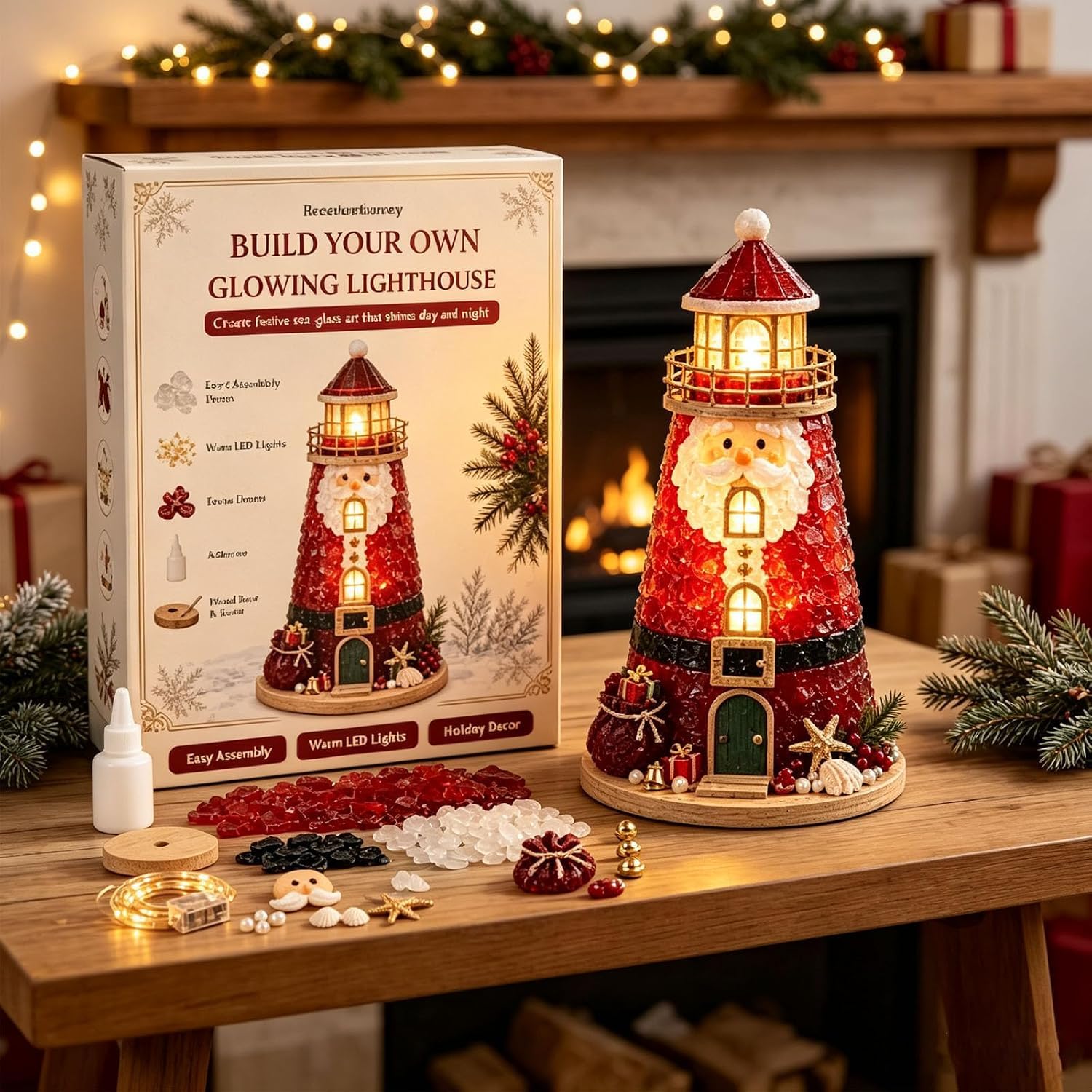 Christmas Decor 3D DIY Lighting Sea Glass-Style Lighthouse Crafts KitsSanta