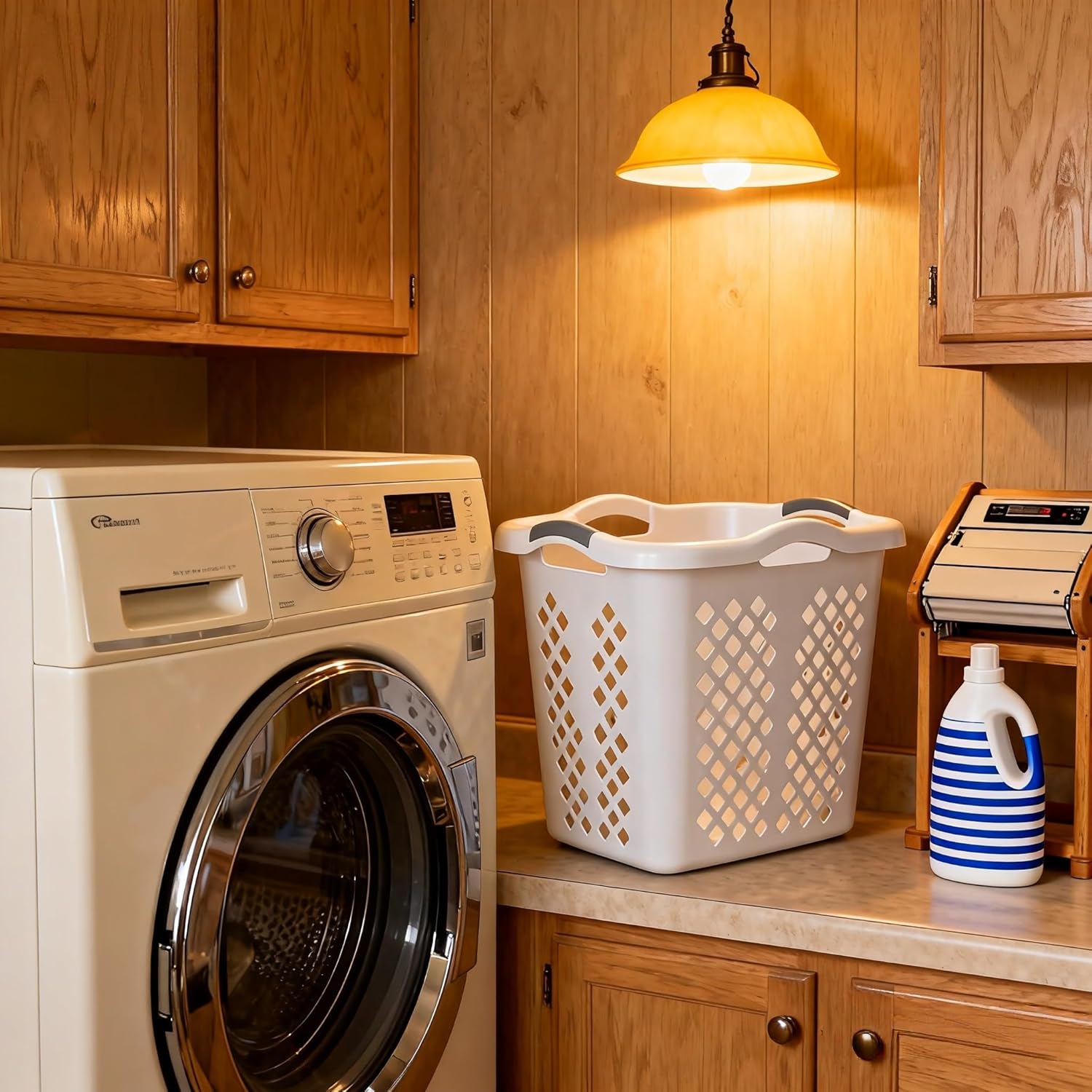 2-bushel capacity laundry baskets with silver handles, white, 2-pack