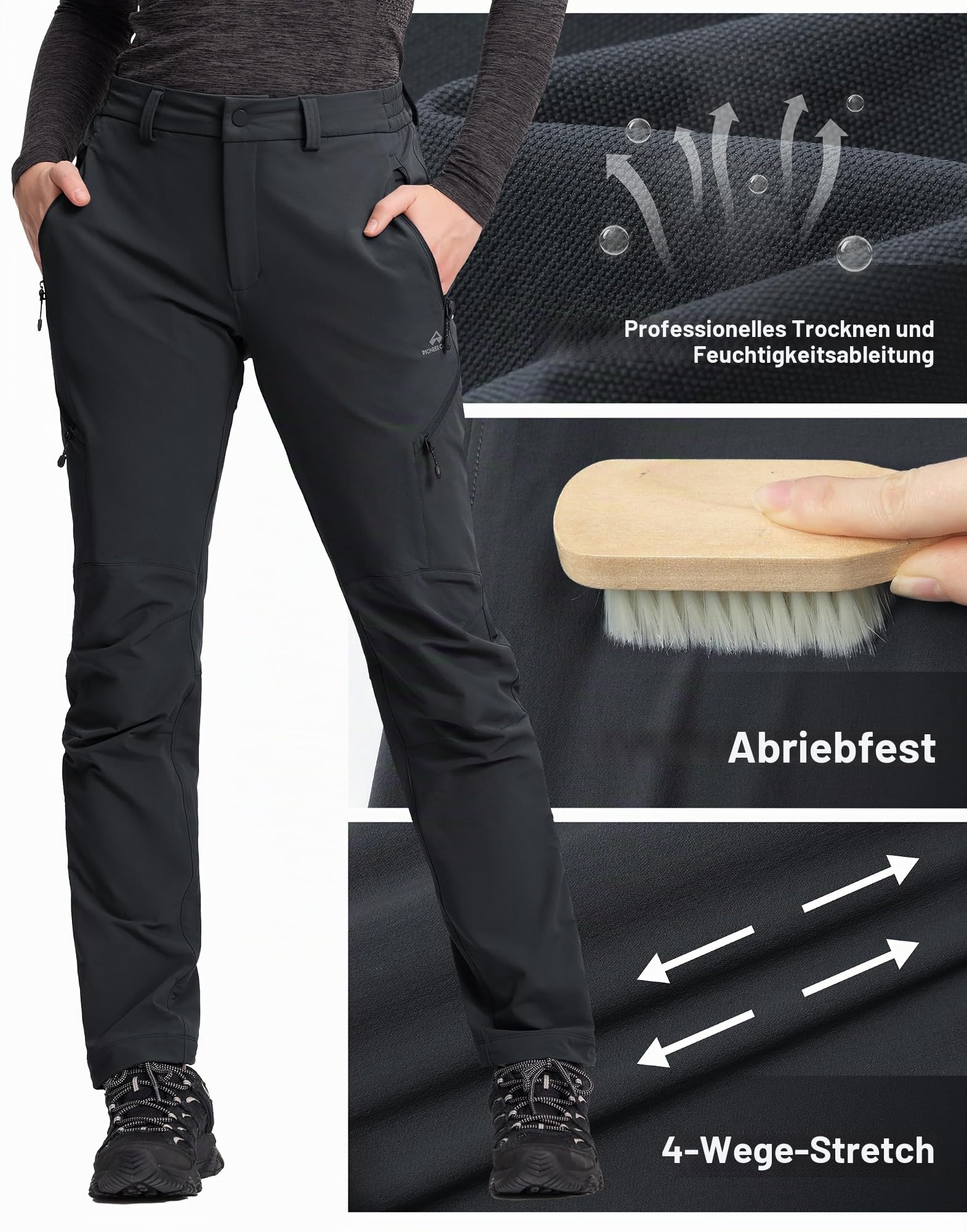 Pioneer Camp Wanderhose Damen Stretch Funktionshose Damen Wasserabweisend Trekkinghose für Frauen 3D-Knieschnitt Funktionshose mit 4 Reißverschluss Taschen