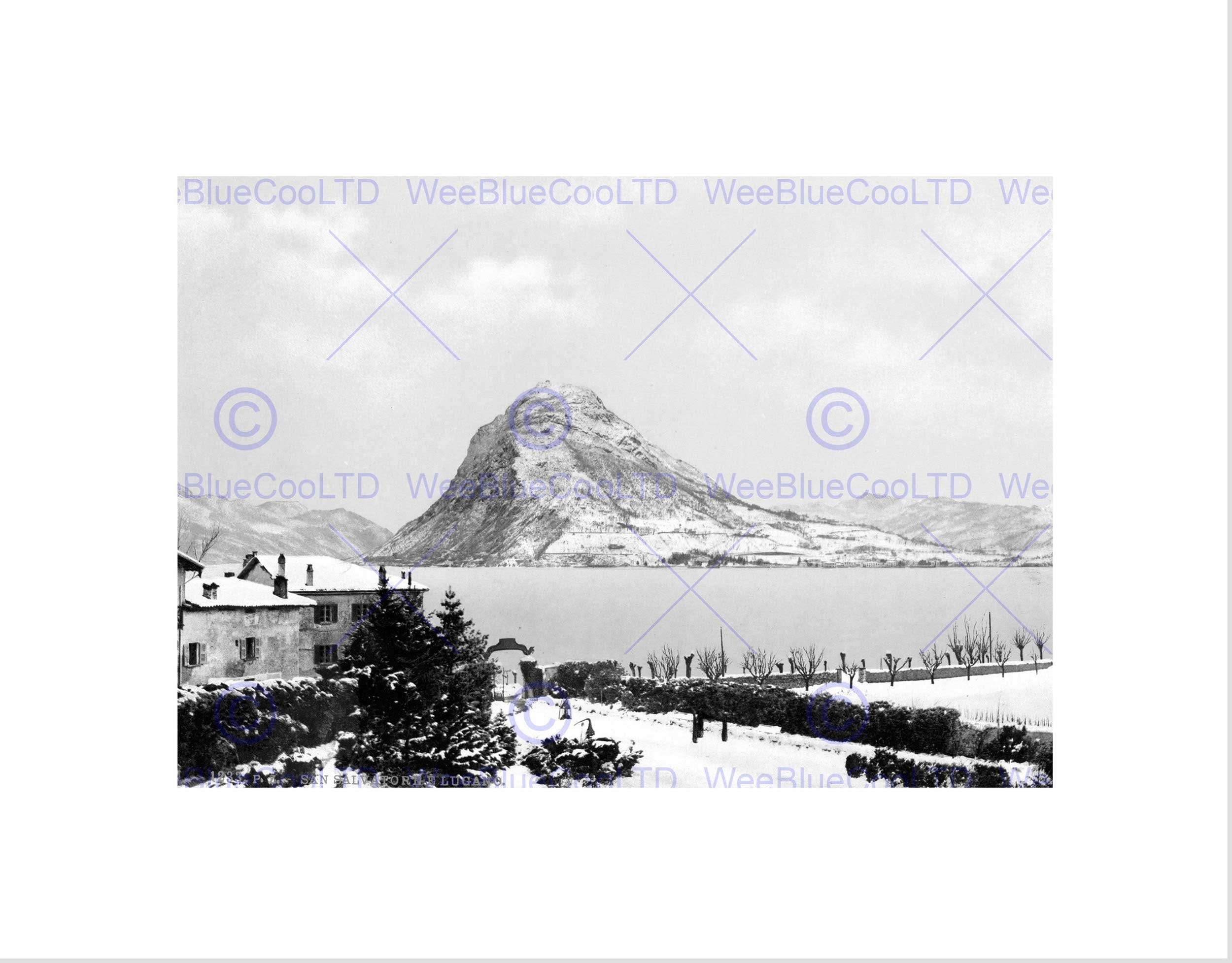 Wee Blue CooLUGANO SAN SALVATORE TICINO SWITZERLAND 1895 OLD BW FRAMED ART PRINT B12X320