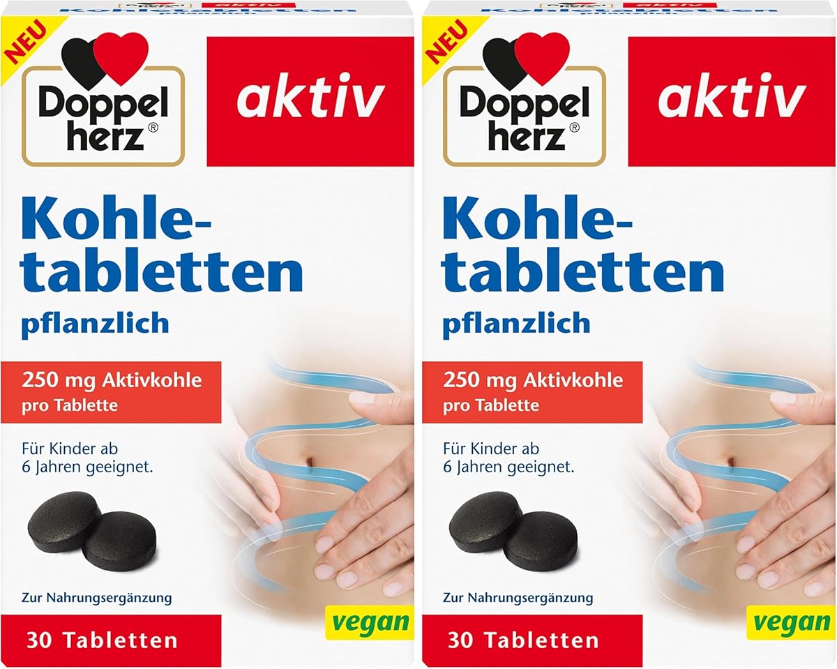 Doppelherz Kohletabletten pflanzlich - Aktivkohle trägt zur Verringerung übermäßiger Blähungen nach dem Essen bei - 30 Tabletten (Packung mit 2)
