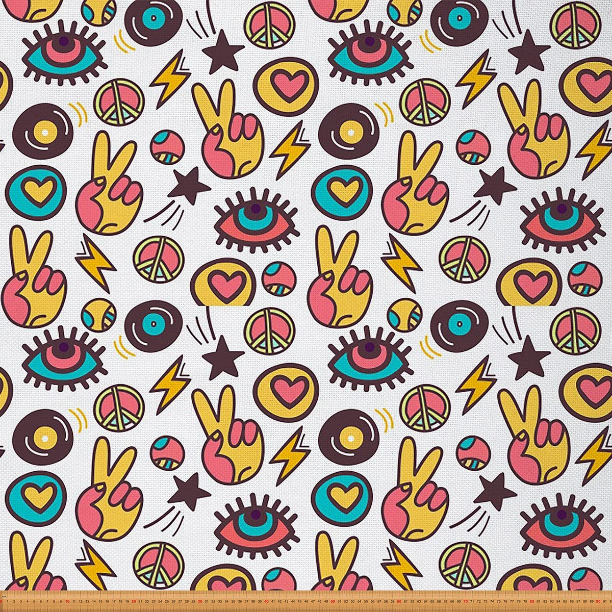 Cartoon Hippie Peace Art Fabric by The Yard Classic Doodle The Art of Peace Upholstery Fabric for Chairs and Home DIY Projects Eyes Heart Victory Decorative Waterproof Fabric 10 Yards,(L920*W150cm)