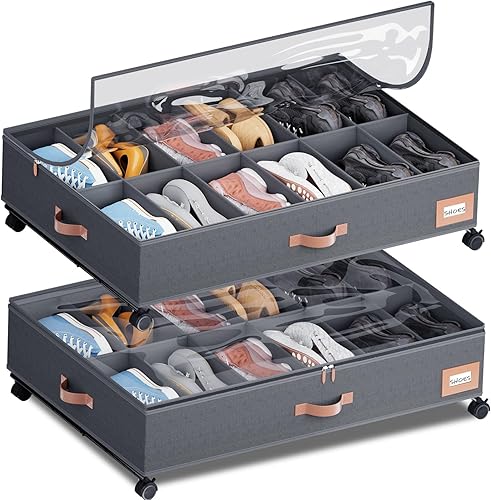 Almacenamiento de zapatos debajo de la cama con ruedas, juego de 2, se adapta a 12 pares, artículos esenciales para el dormitorio, organizador de