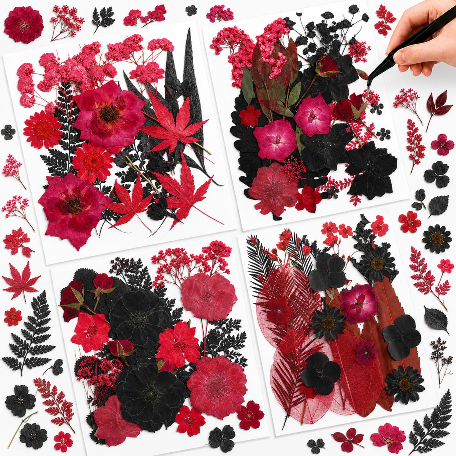 Nuanchu Black Red Dried Pressed Flowers for Craft Resin, Gothic Halloween