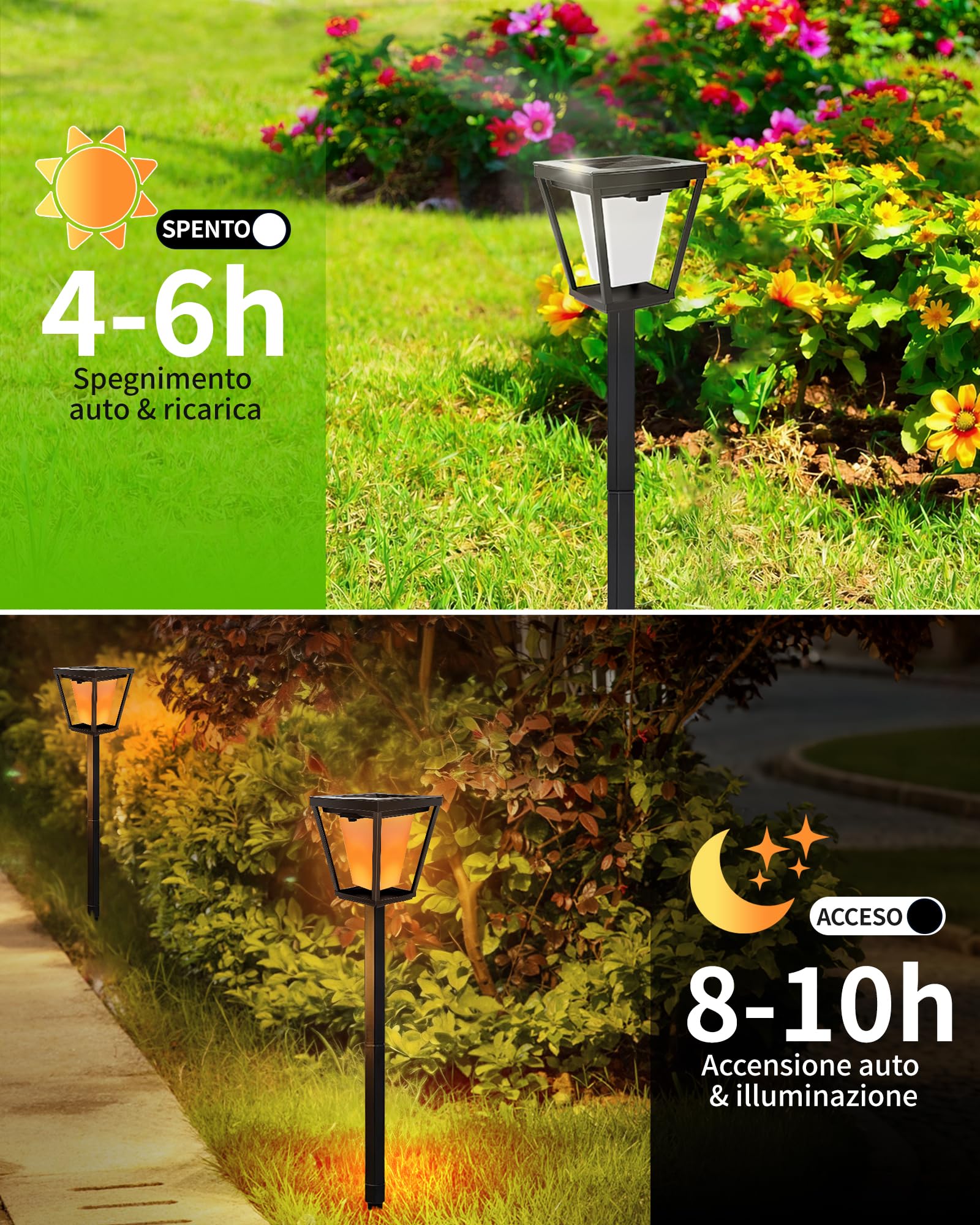 Confezione da 6 lampade solari per esterni con effetto fiamma tremolante, impermeabilità IP65, picchetto per vialetto da giardino, terrazza, accensione e spegnimento automatico