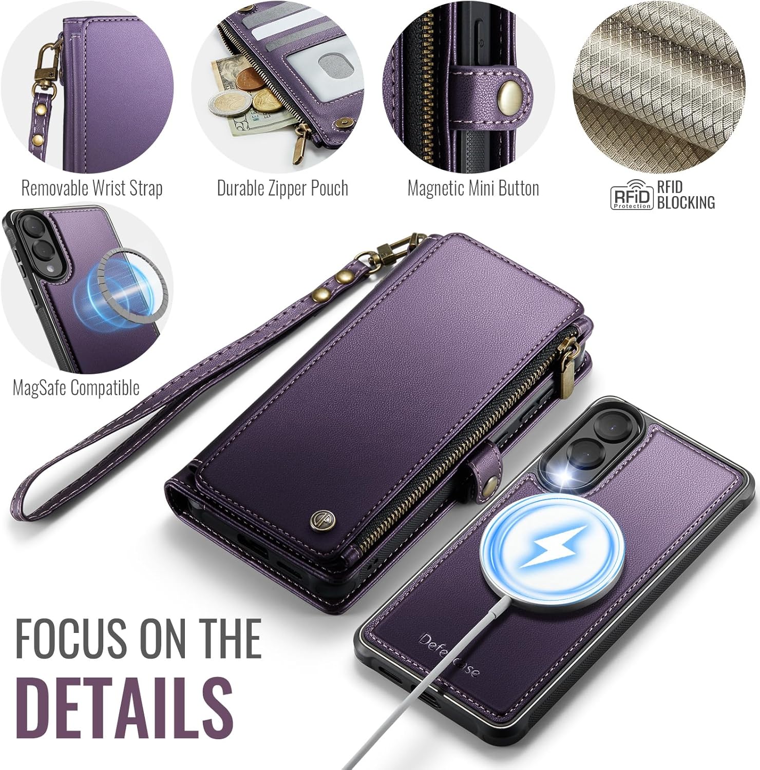Defencase for Samsung Galaxy S25 Edge Magnetic Wallet Case Compatible with Magsafe with RFID Blocking Zipper & Card Holder Women, PU Leather Detachable Phone Case for Galaxy S25 Edge 6.7", Purple