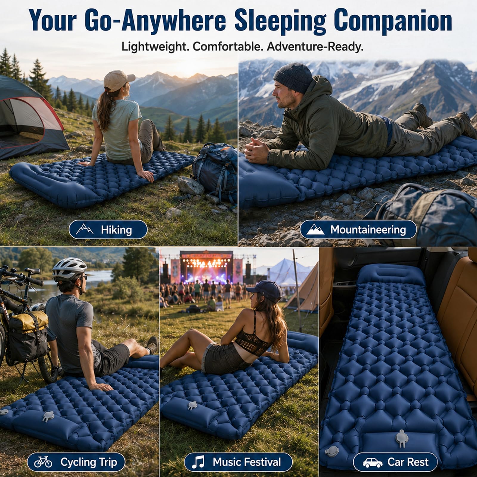 CIYIN Materassino Campeggio, Materassino Autogonfiante, Materasso Gonfiabile Singolo, con Pompa a Pedale, Ultraleggero e Pieghevole, per Escursionismo, Trekking, Tenda, Campeggio (Blu navy)