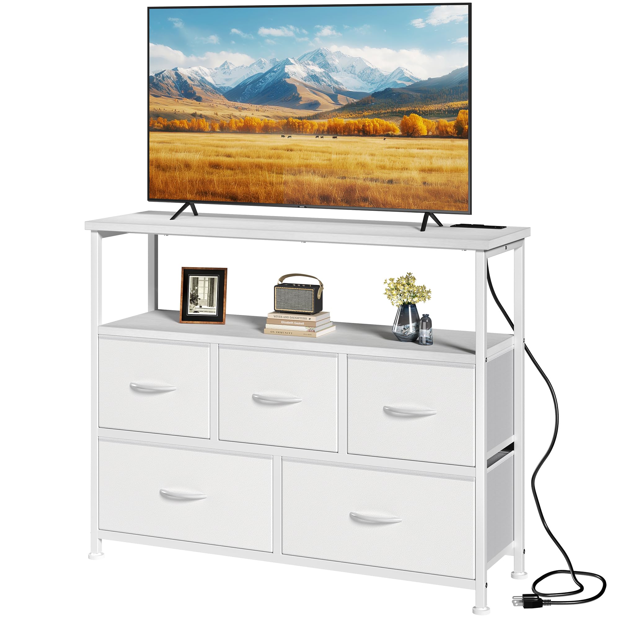 DUMOS TV Stand with 5 Fabric Drawers, with Open Shelf & Charging Station | Media Console, Compact Fabric Storage Entertainment Cabinet for Bedroom Living Room