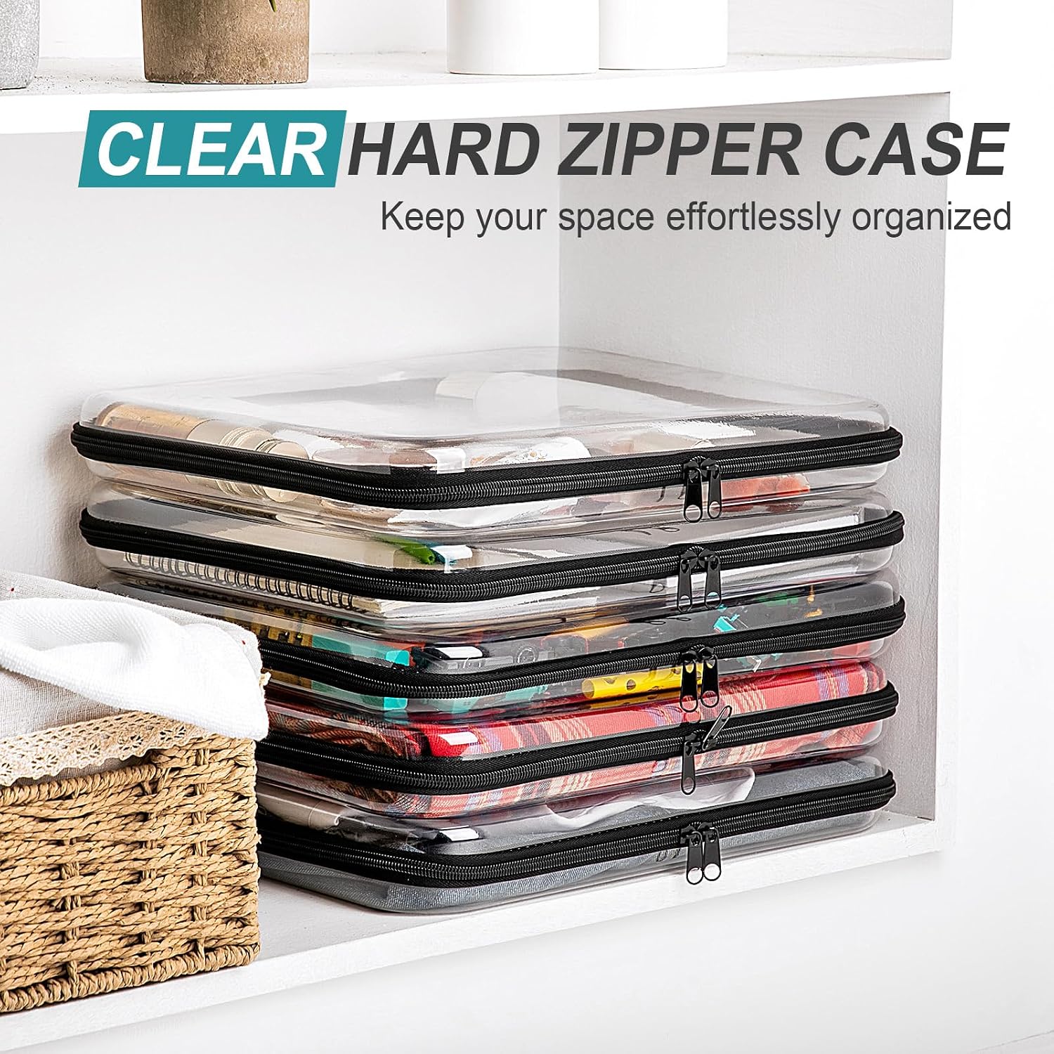 Sanwuta 6 Clear Hard Zipper Case, Black, 13.78 x 11.81 x 2 Inch image 5
