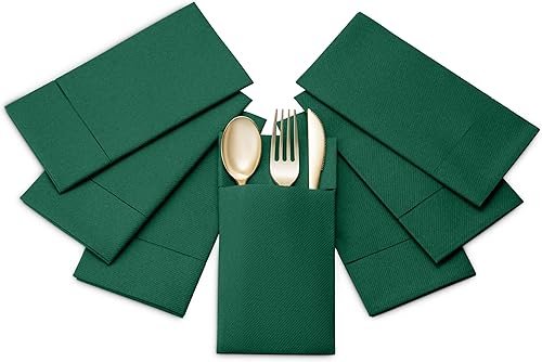 Miniatura 5 de Servilletas desechables de lino con bolsillo integrado para cubiertos, paquete de 50 servilletas de papel preplegadas verdes para cenas, bodas o