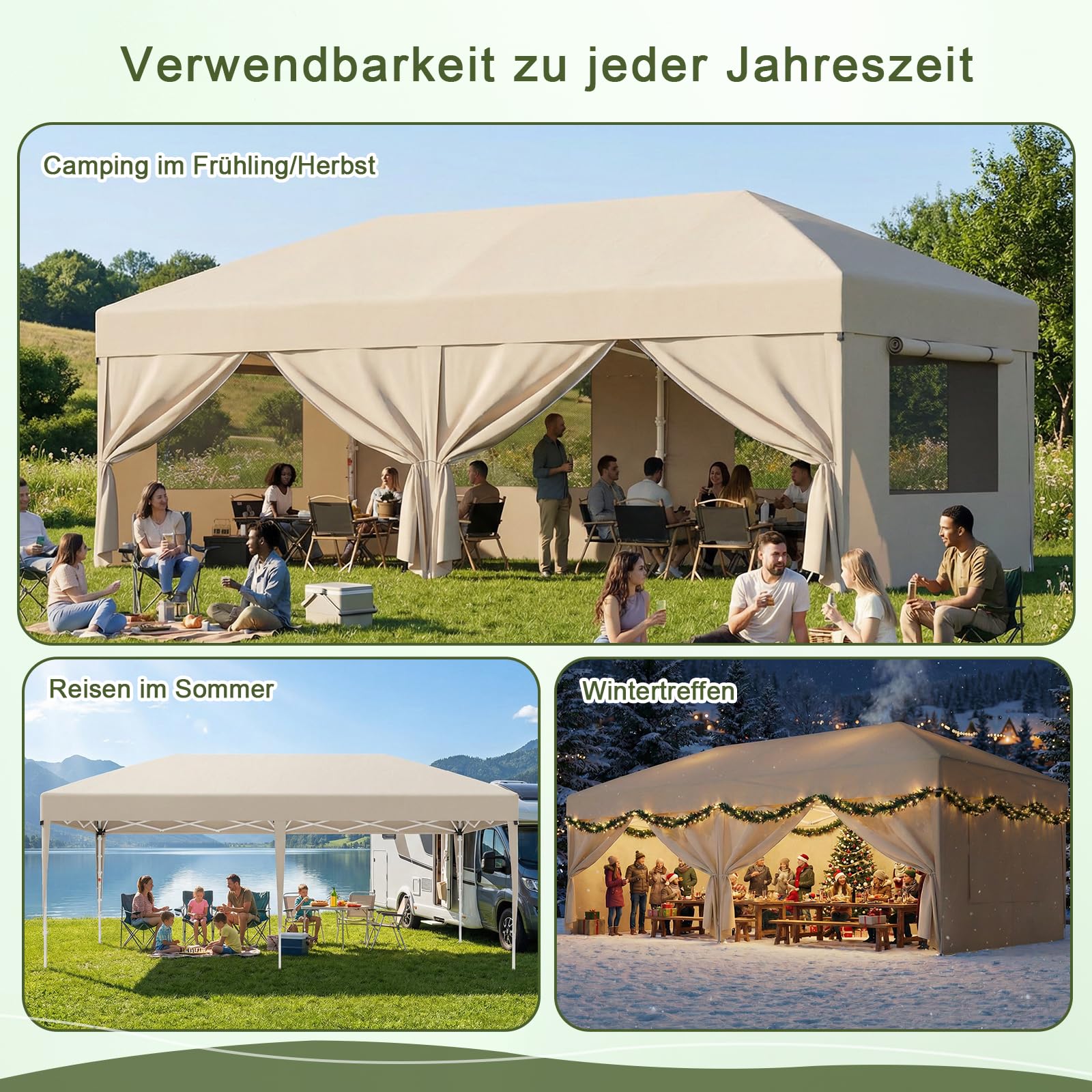 JUMMICO Pop Up Faltpavillon, 3 x 6 m Pavillon mit Netzfenstern zur Belüftung, UV-Schutz 50+, mit 4 Seitenwänden, wasserdicht stabil Winterfest，Faltbar Partyzelt Gartenzelt Gartenpavillon, Beige