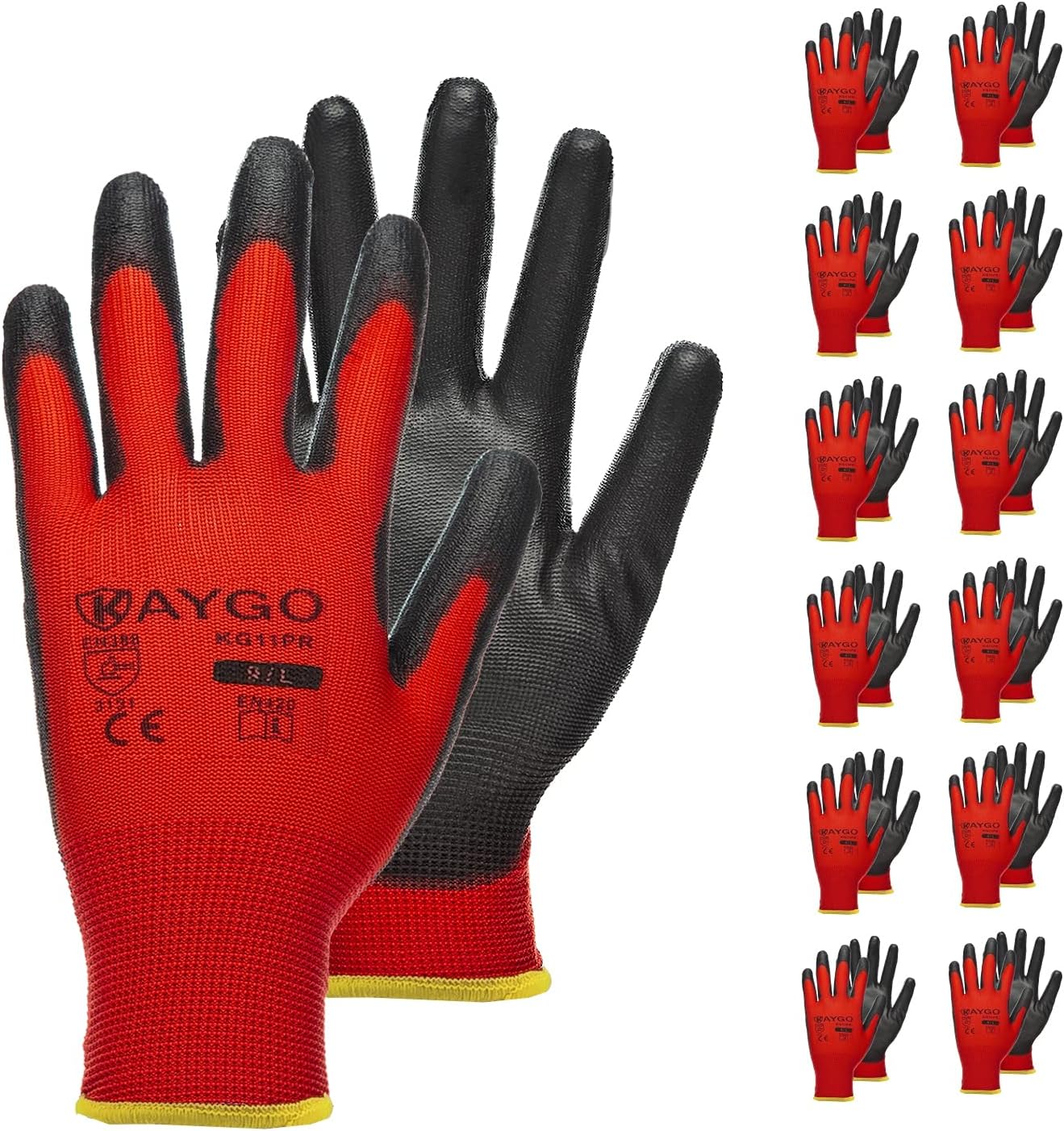 KAYGO Safety Work Gloves PU Coated12 Pairs, KG11PR, Seamless Knit