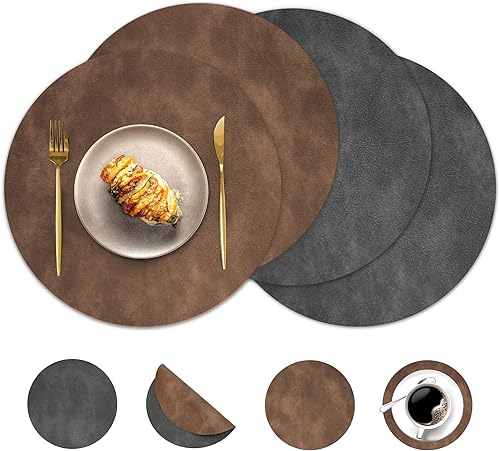 Miniatura 8 de Juego de 6 manteles individuales redondos y posavasos, manteles individuales reversibles lavables de cuero sintético con patrón de cuero de vaca,