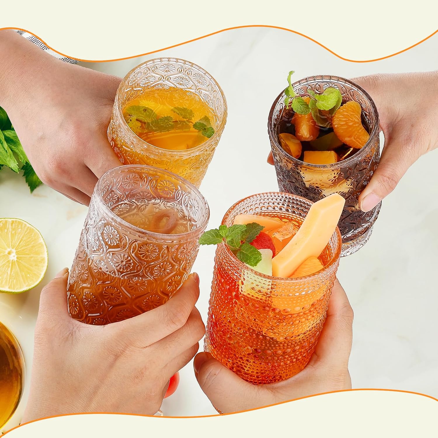 Vintage Glass Cups With Bamboo Lids And Straws 16 Oz,Vintage Tumbler Embossed Floral Glass Cups Set For Whiskey Cocktail, Beer, Iced Coffee Cups, 6pack - Image 7