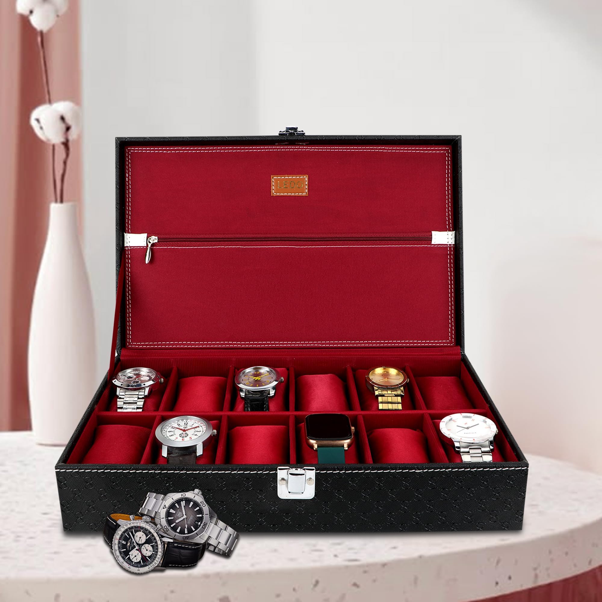LEDO Men's and Women's Watch Box Holder Organizer Case In 12 Slots of watches In PU Leather Royal Black & Cherry color with Chain Pocket