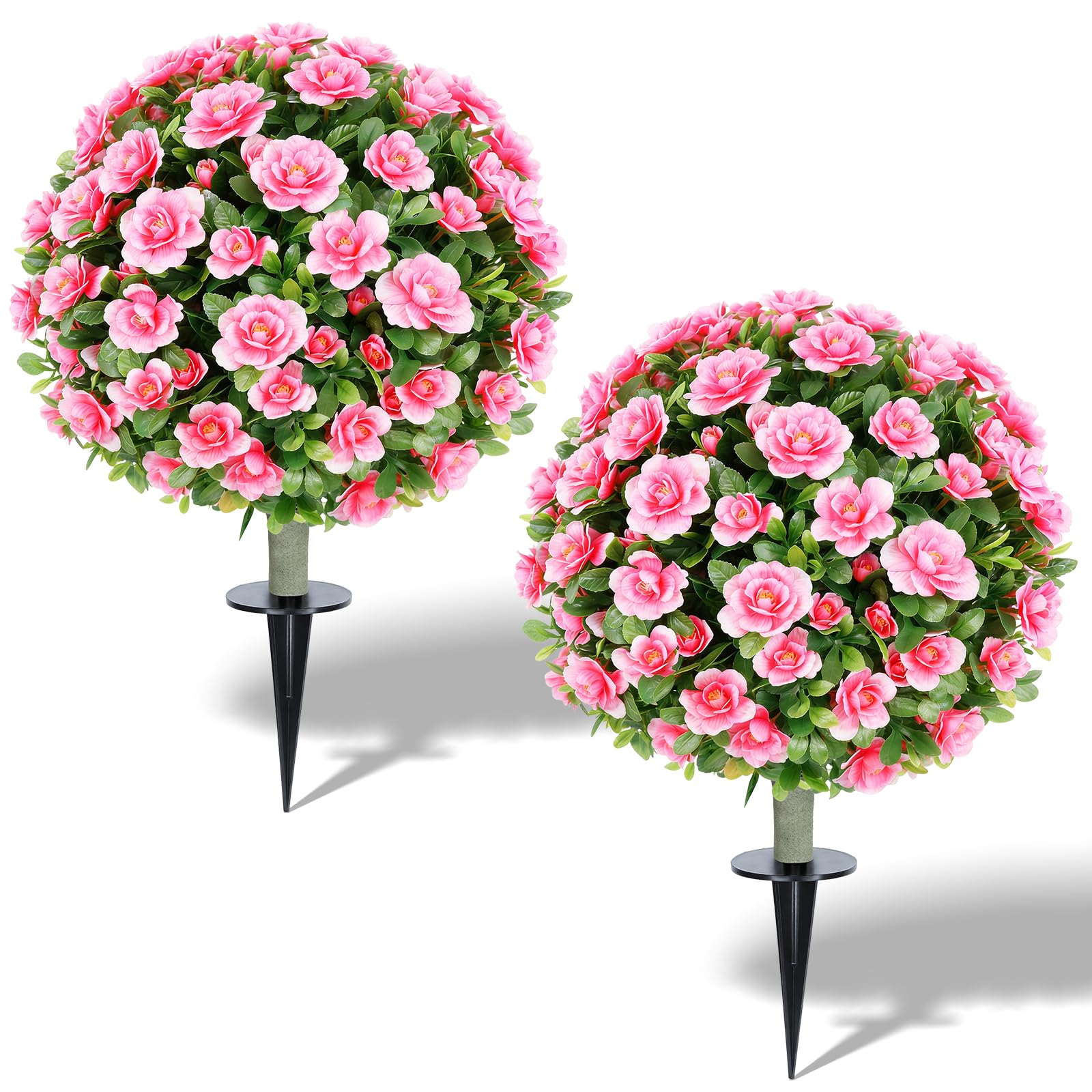 Photo 1 of 2 Pack Artificial Flowers Outdoors UV Resistant Crabapple Blossom Topiary Trees, 23.6" Pink Faux Flower Ball Shrubs with Ground Spike for Front Porch, Patio, Garden & Entryway Decor