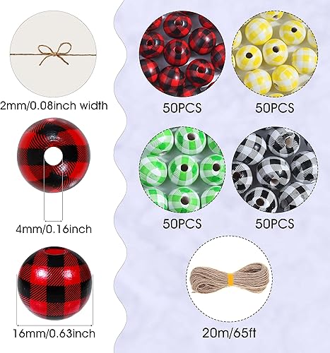 Miniatura 2 de 200 cuentas de madera a cuadros, cuentas redondas de madera a cuadros, cuentas de madera a cuadros de búfalo, cuentas de madera de color, cuentas de