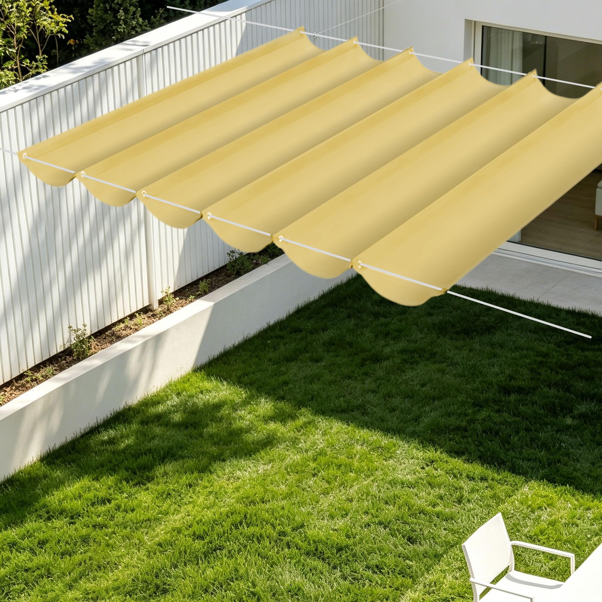 Voile ombrage rétractable vague 850 cm pour bloquer la chaleur et la pluie sur une grande pergola