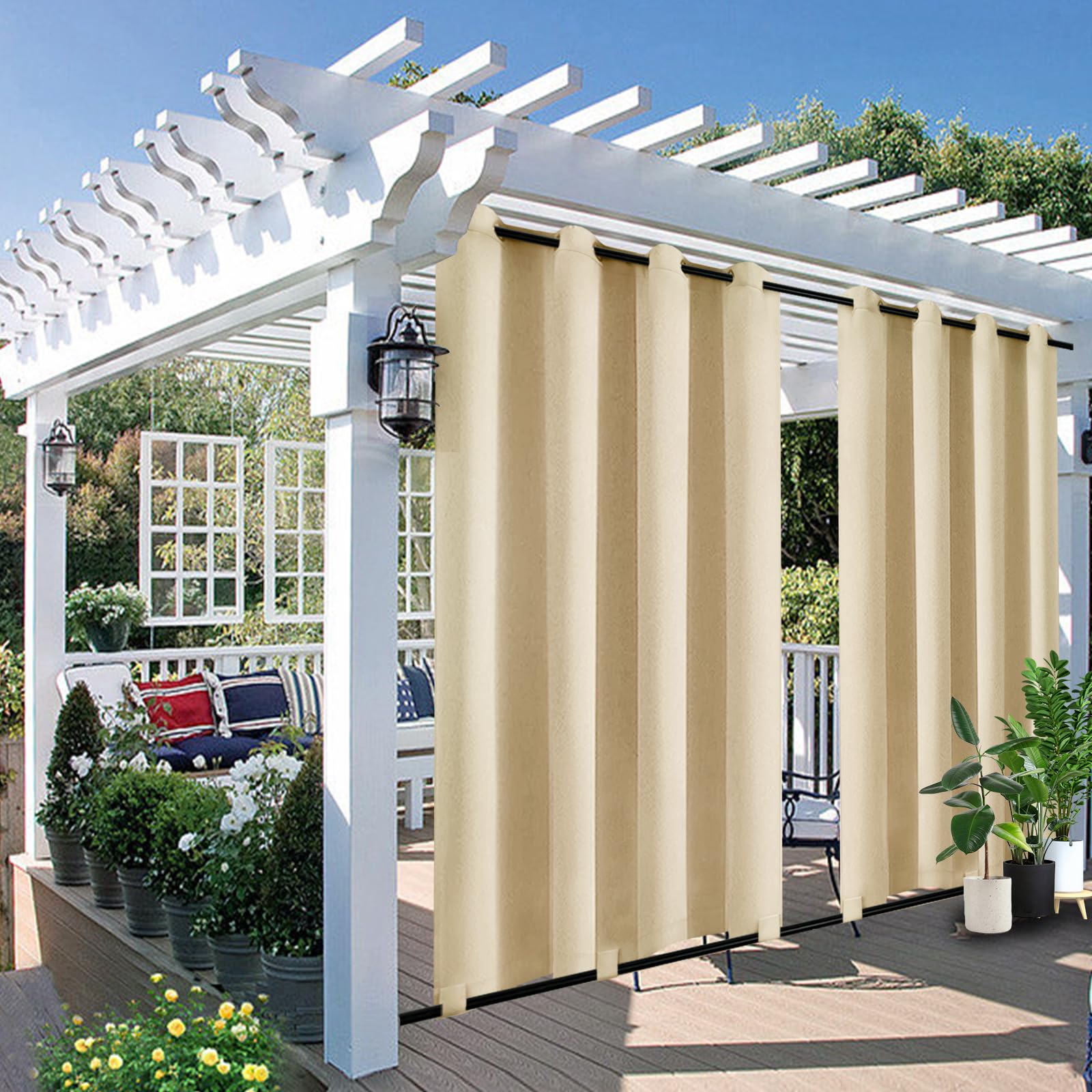 Qelus Outdoor Curtain Set of 2, Pergola Curtains W52''xH96'', Waterproof Windproof Thermal Insulated Gazebo Curtains, Outdoor Drapes for Balcony Garden Anti-snag Eyelets Top and Bottom, Beige
