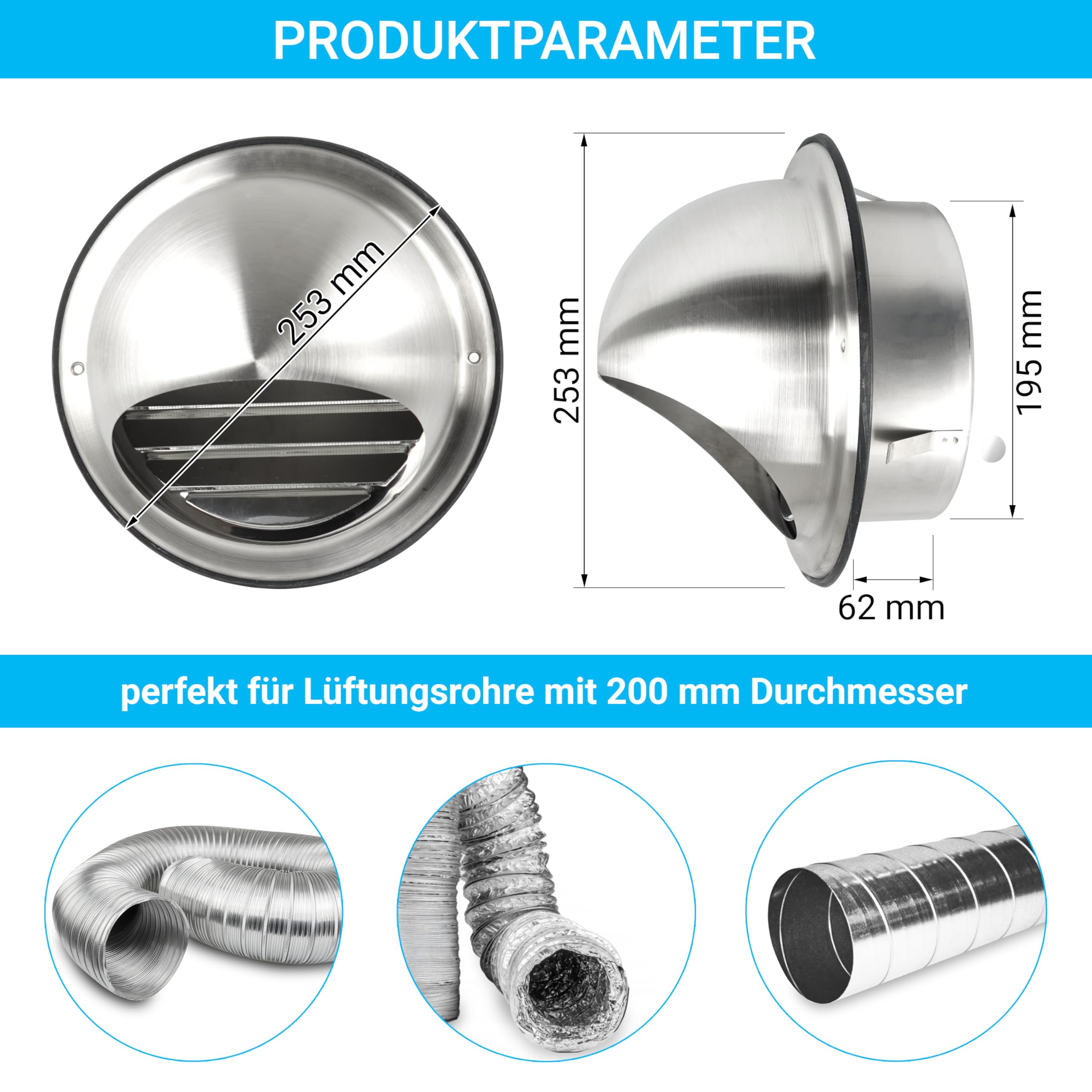SYSTERM Lüftungsgitter Edelstahl Wandlüftungsabdeckung Außengitter Entlüftungsabdeckung Ablufthaube Kugelhaube Abluft Zulufthaube Schutzgitter, Insektenschutz (200mm)