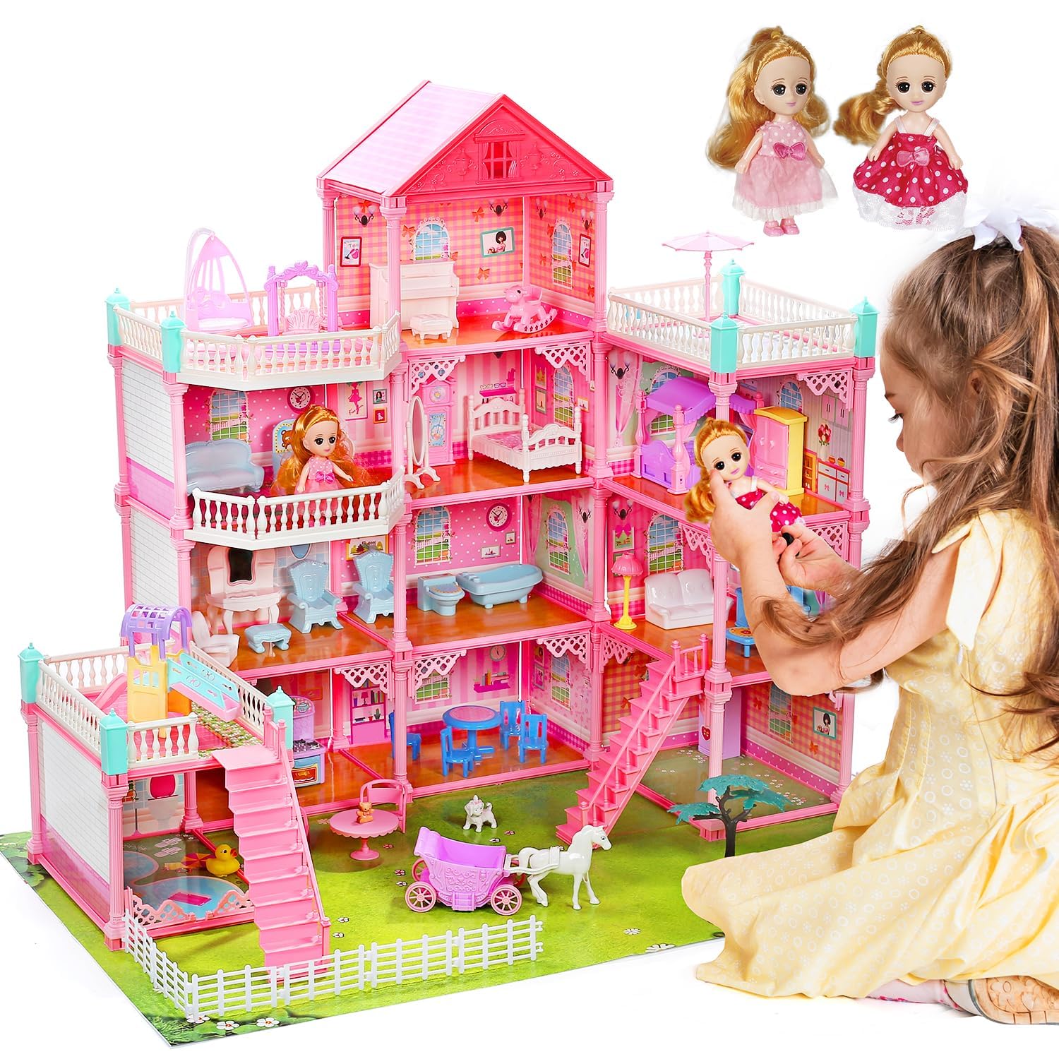 11 Rooms Huge Dollhouse with 2 Dolls and Colorful Light, 31" x 28" x 27" Dream House Doll House Dreamhouse Gift for Girls