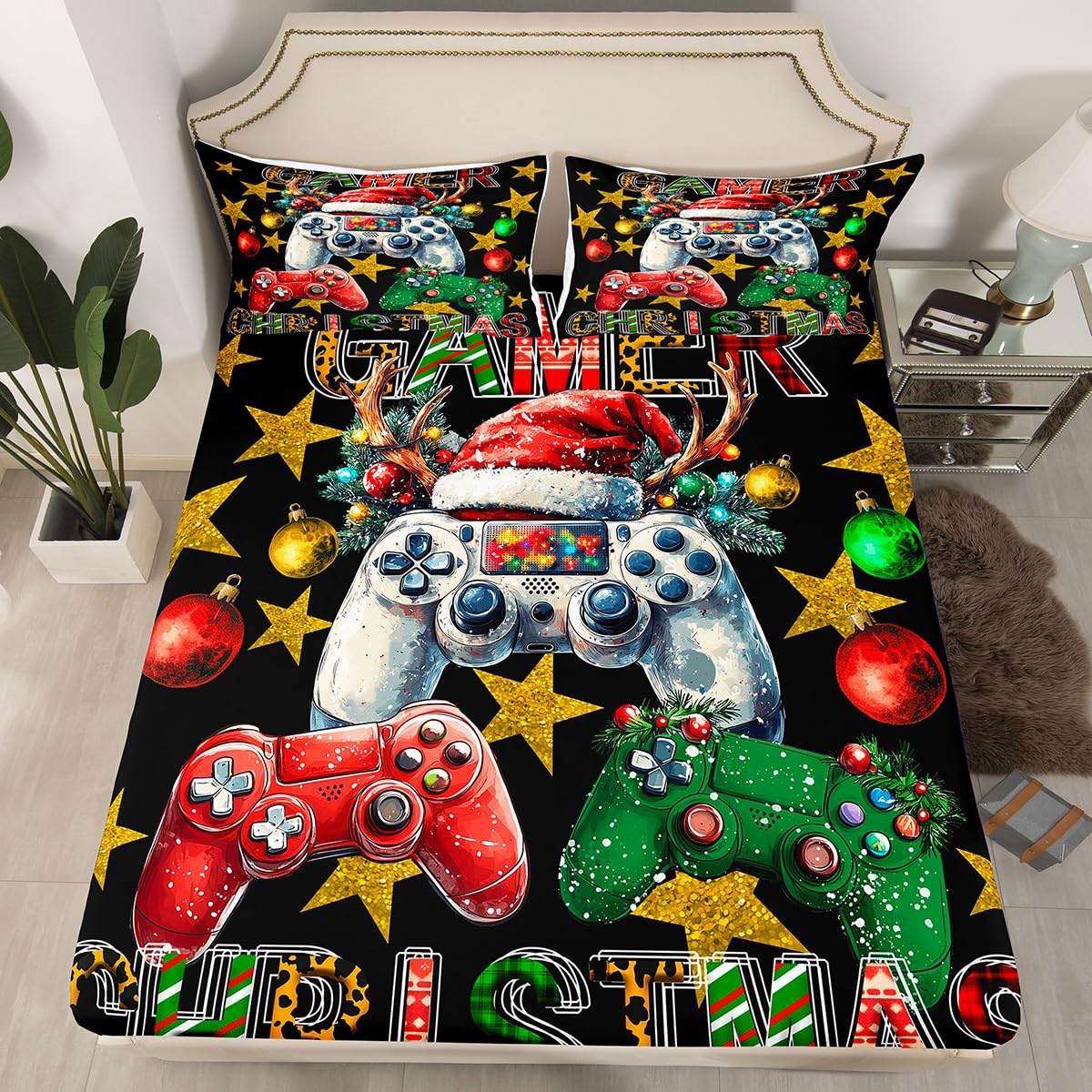 Video Game Fitted Sheet King Size,Xmas Deer Antler Jungle Bell Golden Stars Bed Cover(1 Fitted Sheet+1 Pillow Case),Christmas Gamepad Fashion Gaming Black Mattress Cover