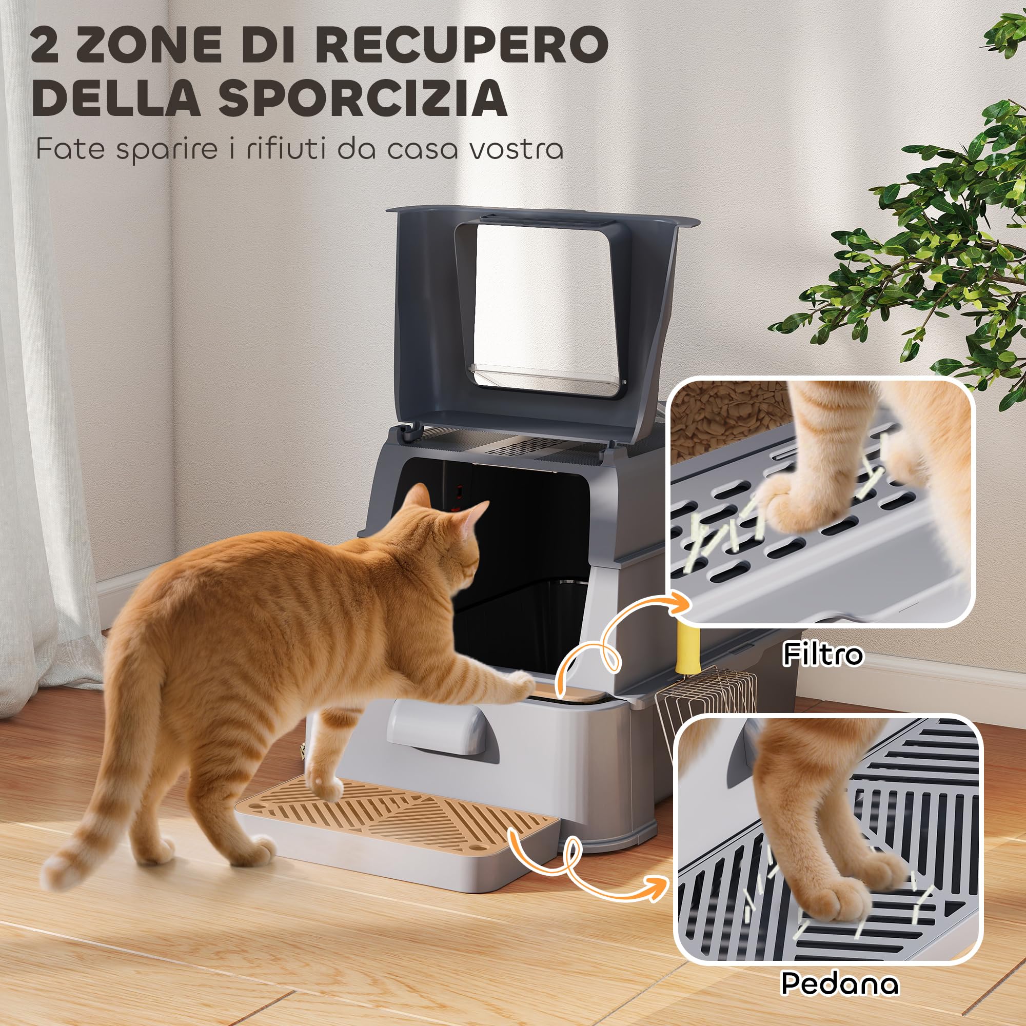 PawHut Lettiera per Gatti Chiusa XXL in Acciaio Inox, 3 in 1 Toilette per Gatti 80L con Coperchio Ribaltabile 180°, Pedale e Paletta, Antiaderente, Antiodore, Facile da Pulire, Grigio Scuro
