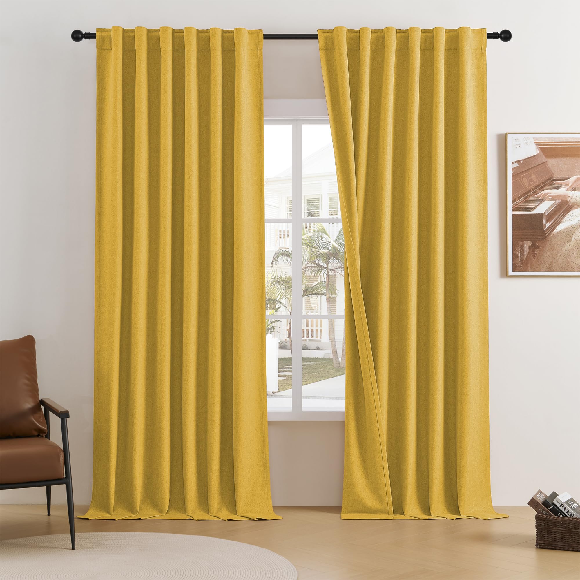 DUALIFE Yellow Linen Blackout Curtains 120 Inch Length 2 Panels Set Burg Extra Long 10 Ft Back Tab Pocket Drapes Cotton Textured Sun Blocking Curtains for Living Room Cottage High Window 50w X 120L