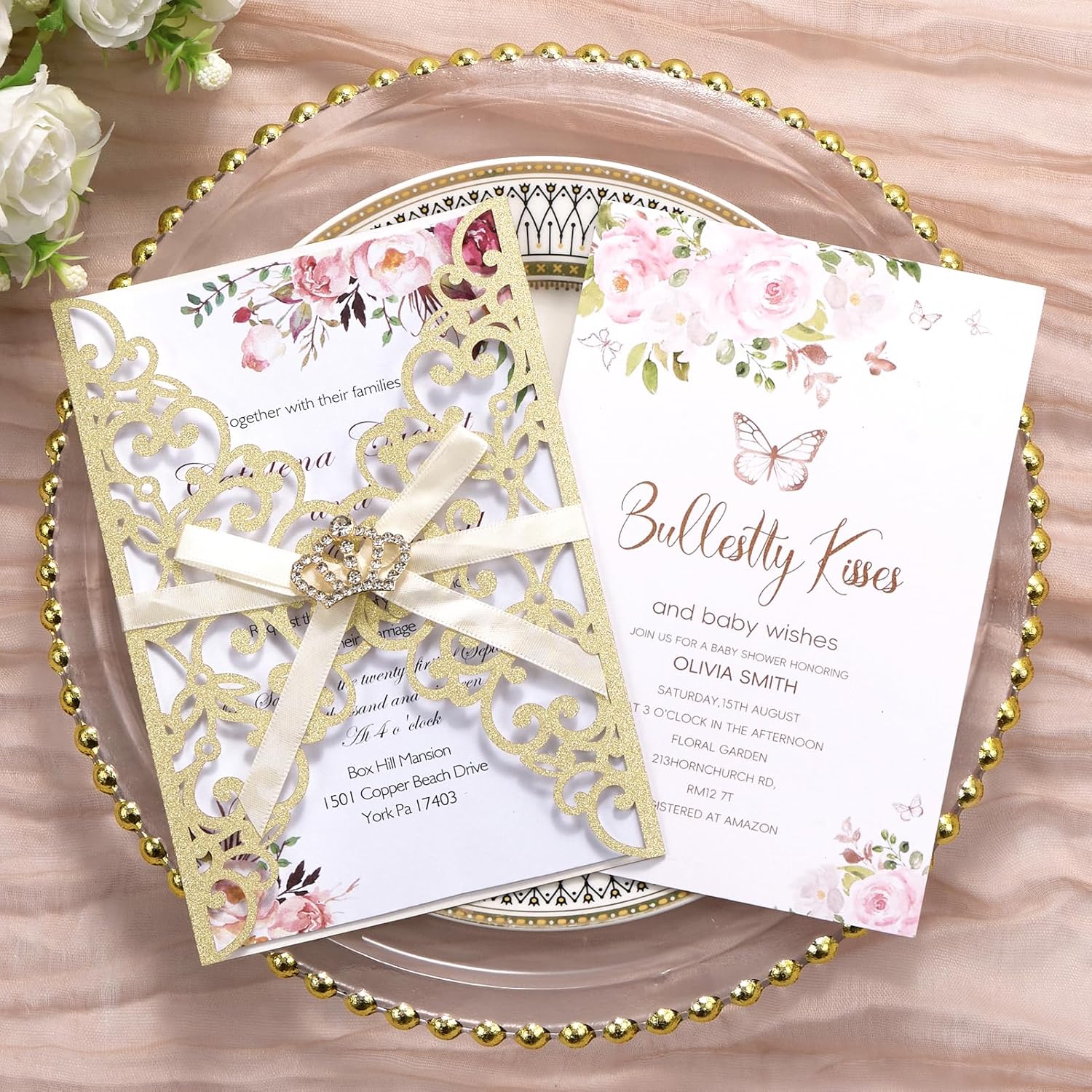 25pcs Wedding Invitation Kit, Gold Glitter Invitation Pocket with Ribbons Crown Blank Party Invitations Cards Personalized for Wedding Quince Baby Shower Anniversary