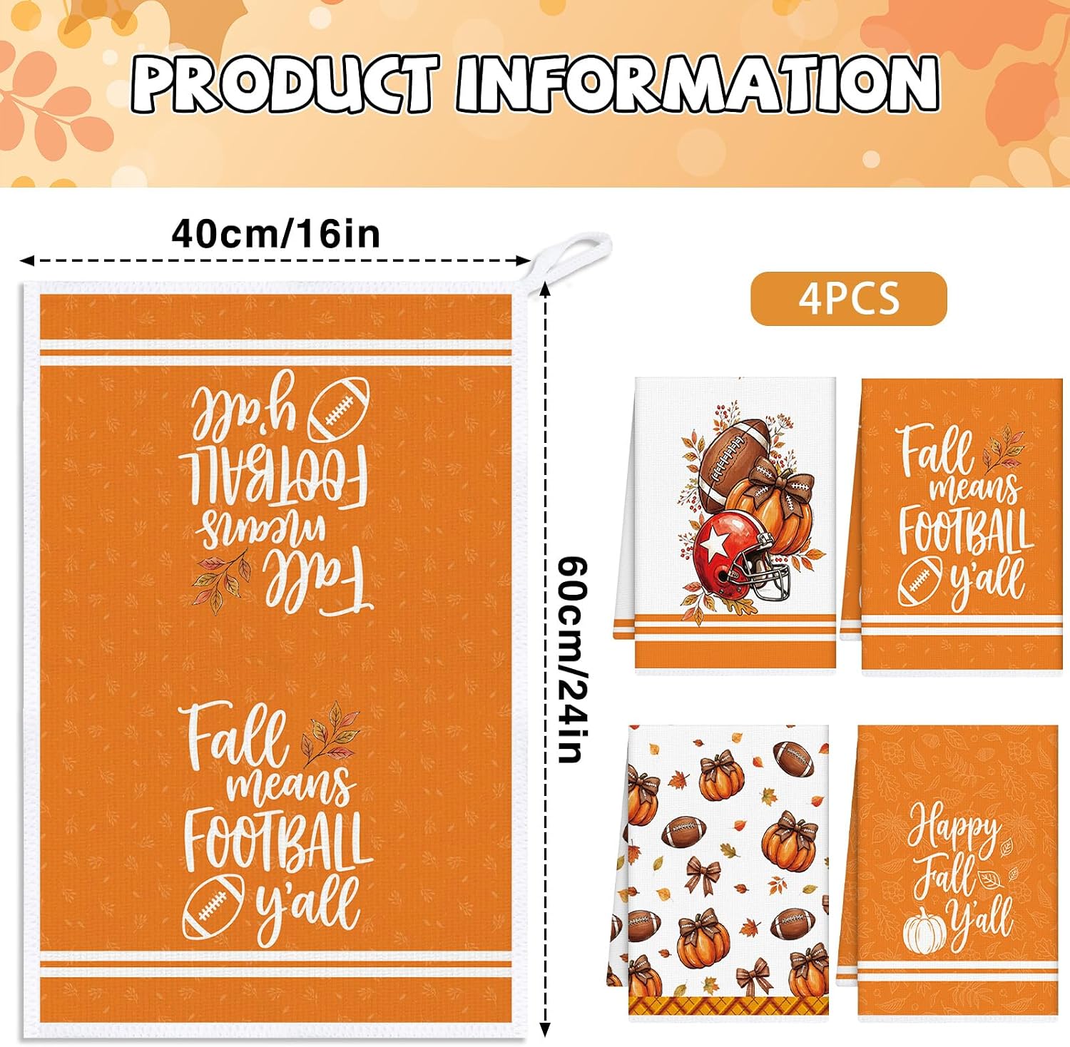 Fall Football Kitchen Towels 4 PCS, Autumn Hand Towel, 16x24in image 3