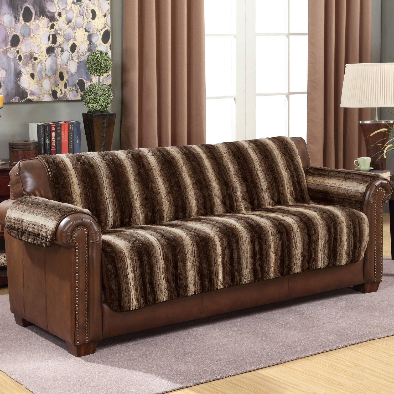 Wag and Wiggle Reversible Luxury Faux Fur Plush Furniture Cover Sofa, Pumice Stone