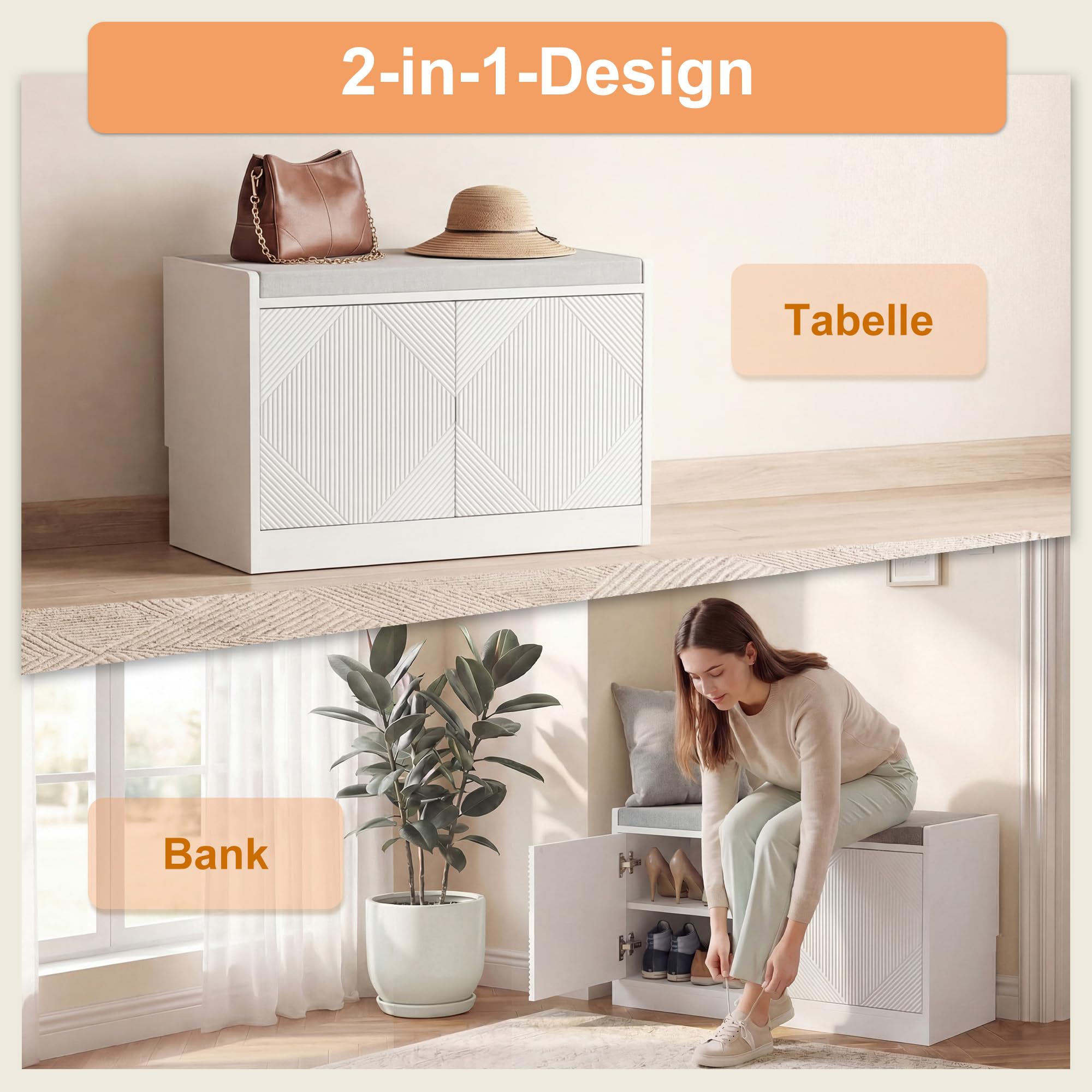 UEV Sitzbank mit Klappe, Sitzhocker mit Stauraum,Sitztruhe mit Sitzkissen,Schuhregal Schuhablage Schuhschrank für Wohnzimmer Schlafzimmer Flur (Weiß)