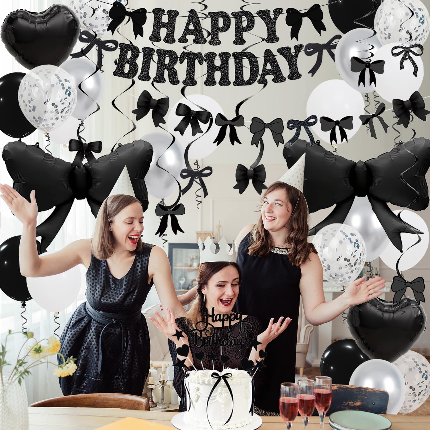 Black Bow Birthday Decorations, Happy Birthday Banner Garland and Hanging Swirls, 28Pcs Balloons, Cake Toppers, Bow Themed Party Decorations for Girls Women - Image 3