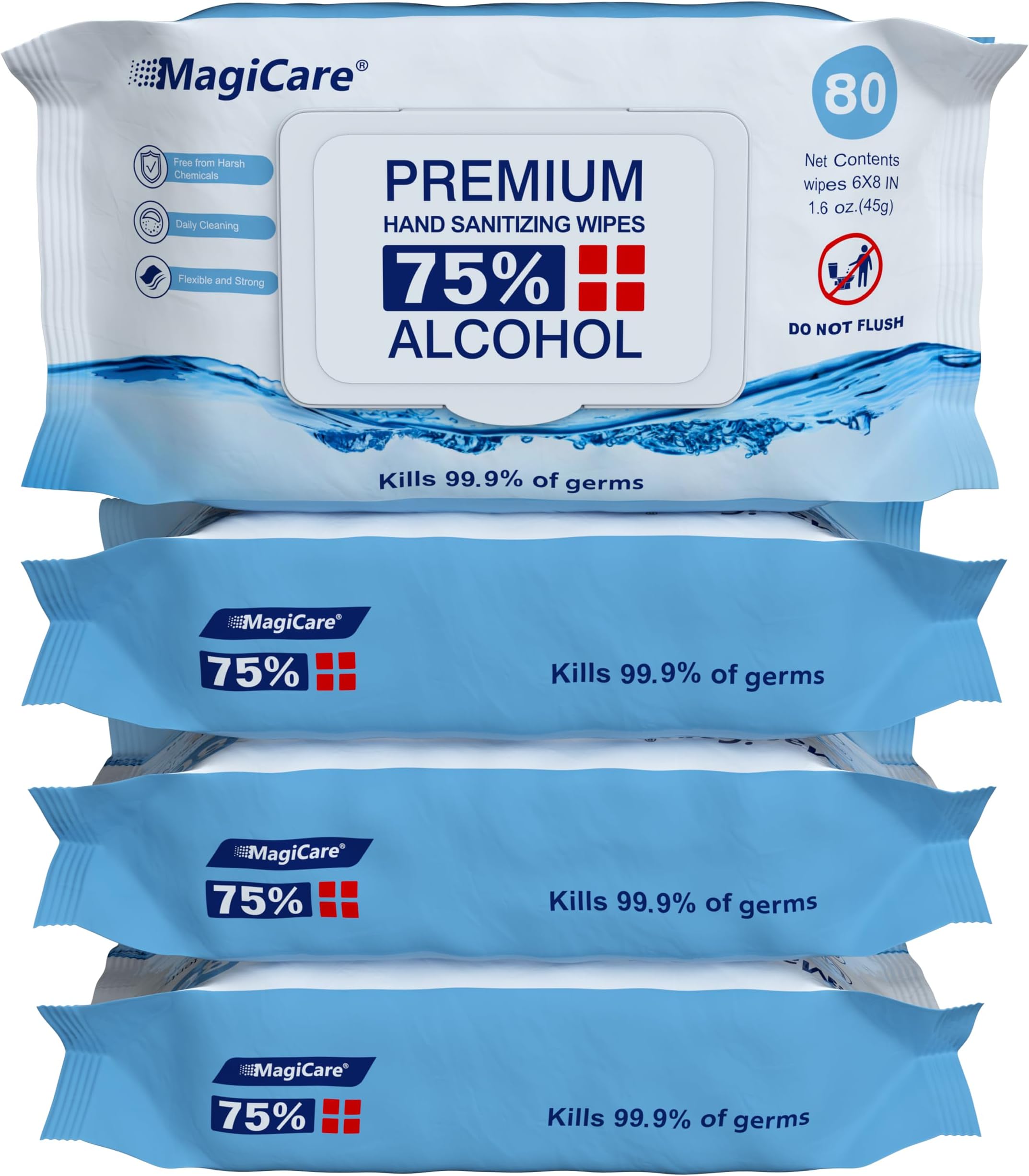75% Large Alcohol Wipes (4, 80ct Packs, 320ct) - Hand Sanitizer Wipes, Unscented Hand Wipe, Cleaning, Sanitizing Wipe - Travel, Home, Office, Classroom, Car, Camping - Soft Packs