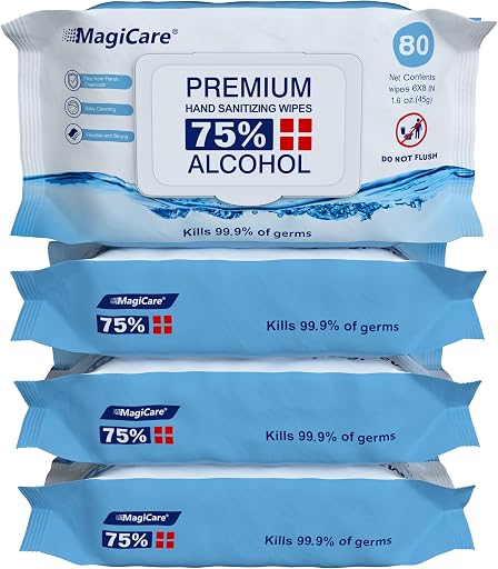 MagiCare 75% Large Alcohol Wipes (4, 80ct Packs, 320ct) - Hand Sanitizer Wipes, Unscented Hand Wipe, Cleaning, Sanitizing Wipe - Travel, Home, Office, Classroom, Car, Camping - Soft Packs