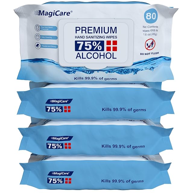 MagiCare 75 Large Alcohol Wipes 4-80ct Packs 320pcs - Alcohol Hand Sanitizer Wipes Premium - Unscented Hand Wipe