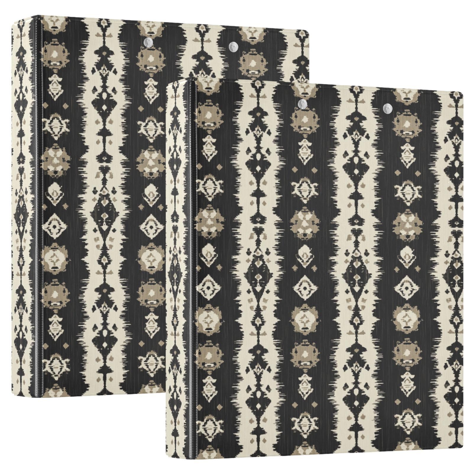 Vuiyean Ethnic Carpet Pattern Binder 1.5 Inch Binder with Clipboard&Pockets, Beige and Black Hardcover Binders 3 Ring, Heavy Duty Large File Folder
