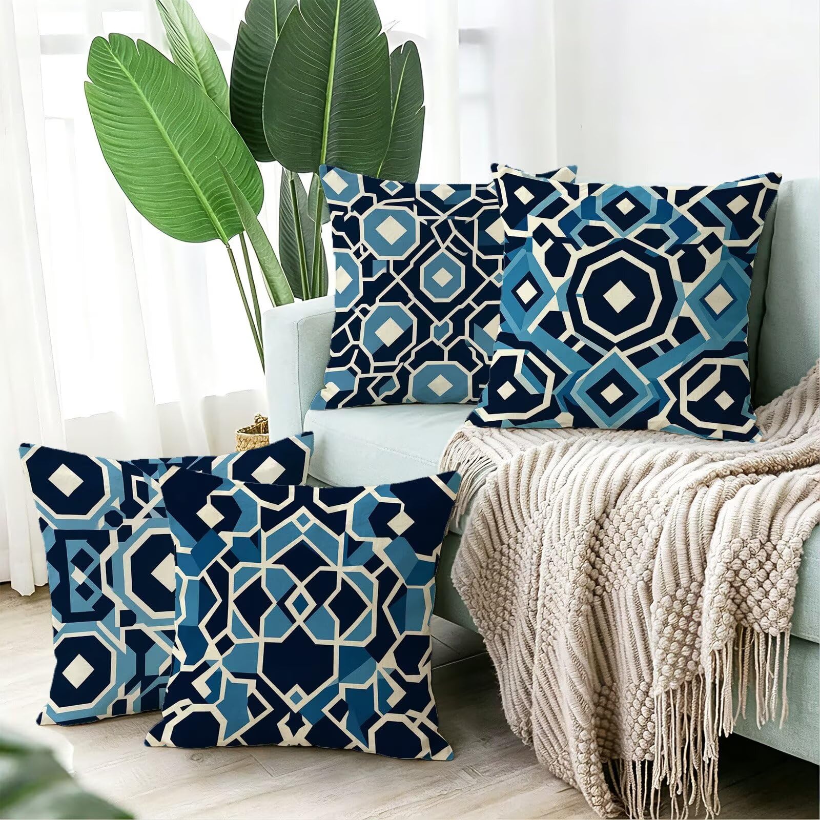 Blu Federe Cuscini Divano 50x50cm, Cuscini da Esterno Set de 4, Cod-171 | Velour Copricuscini Decorativi Letto Arredo, per Letto, Soggiorno, Giardino, Esterno, Casa Decorazione Set di 4 Astratto
