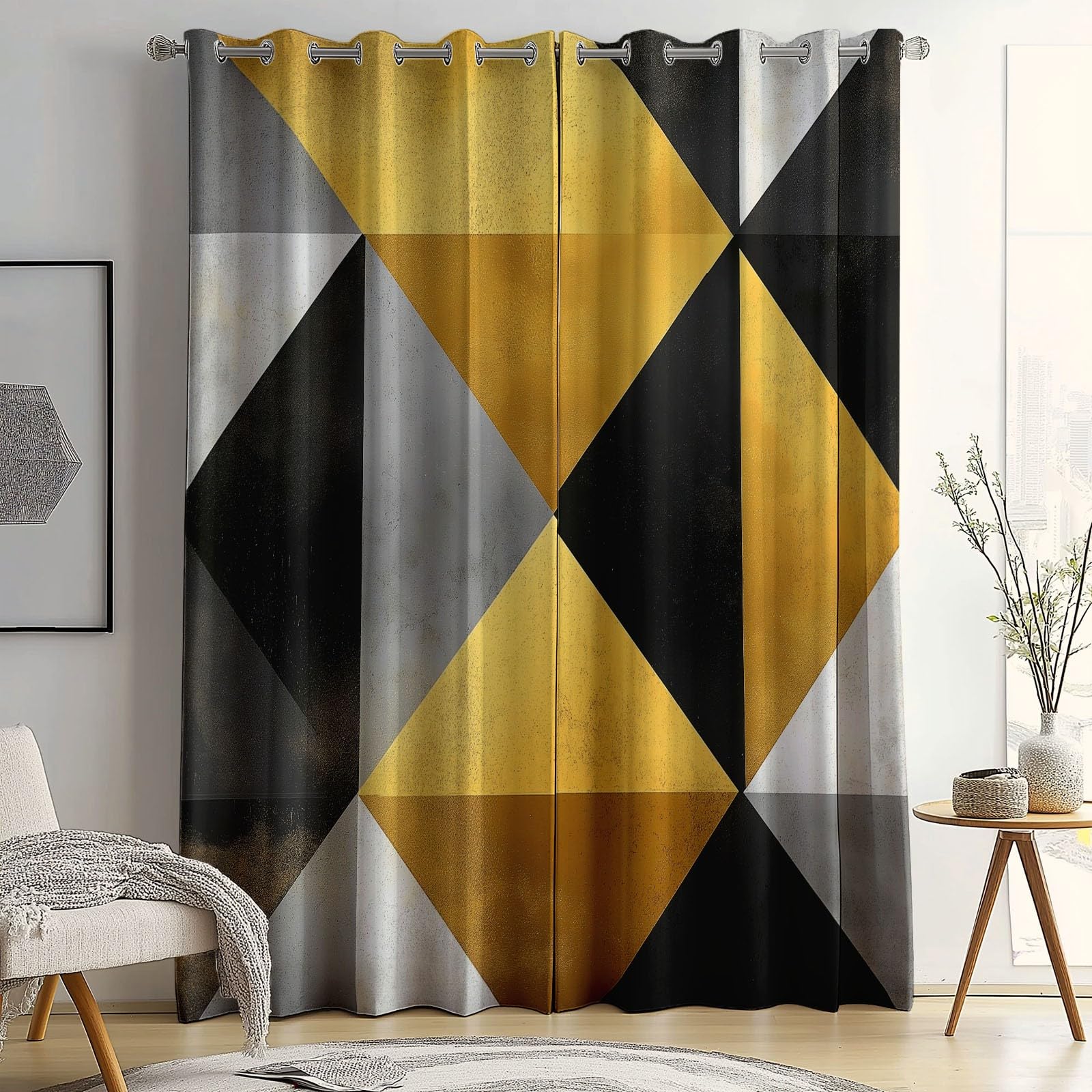 Rideaux Isolants 110L X 215H cm (2 Panneaux), Design Triangles géométriques Abstraits Tenture Opaque Anti-Chaleur pour Chambre Principale, Or Gris