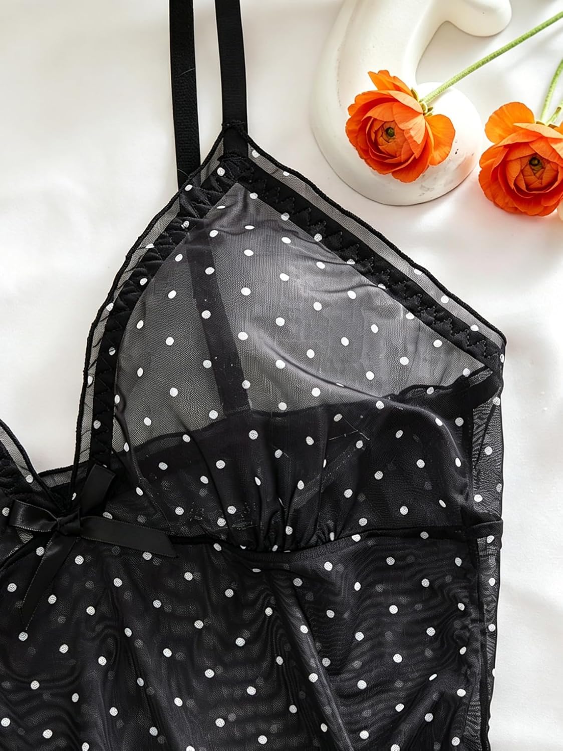 Women Mesh Polka Dots Lingerie Sets Babydoll Sleepwear