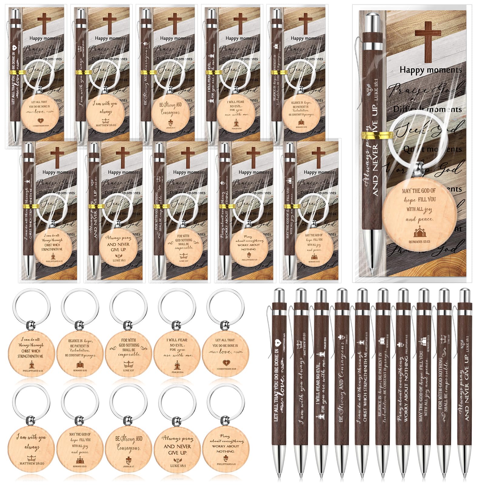 Lincia 90 Pcs Christian Gifts Bulk Mothers Day Fathers Day 30 Each of Religious Bible Verse Bamboo Pens Bible Scripture Bookmarks Keychains Church