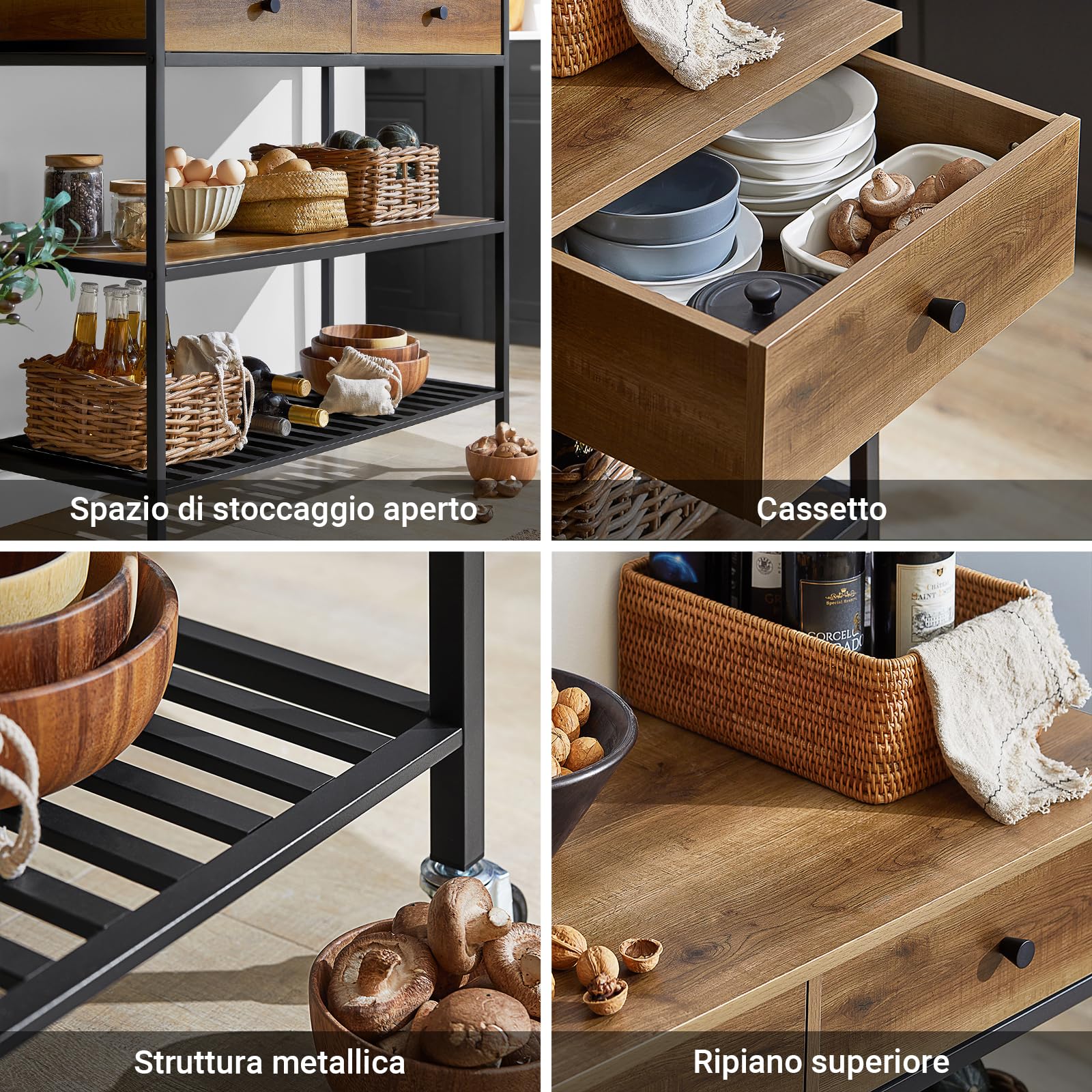 SoBuy Carrello da Cucina e Mobile Cucina Salvaspazio con 2 Cassetti e 2 Ripiani – Mobiletto con Ruote Stile Industriale, Credenza Compatta per Ingresso, Cucina o Soggiorno 100x45x93cm FKW112-PF