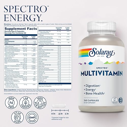 Miniatura 8 de SOLARAY Spectro Multivitamínico, sin hierro  CalMag, verduras energizantes y hierbas con enzimas digestivas  42 porciones  250 cápsulas