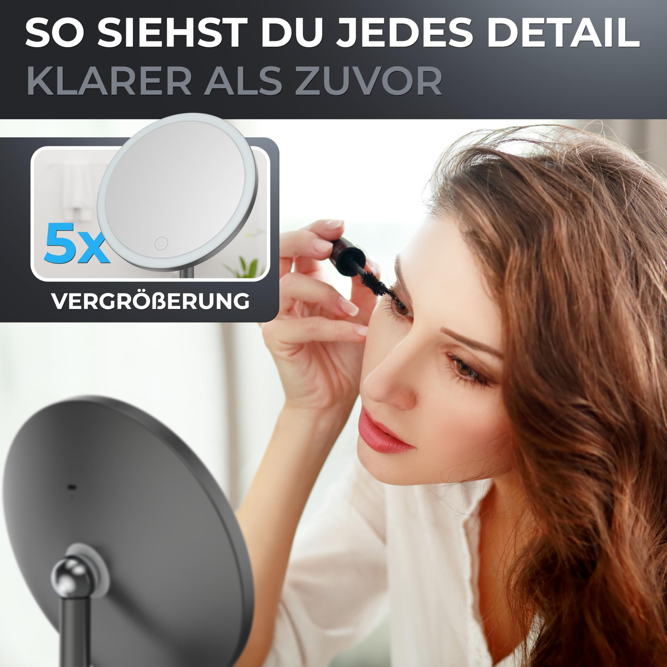 ovimar Larstind Gunmetal - Espejo de maquillaje con iluminación (recargable, independiente, para baño, 5 aumentos, espejo de 360 grados