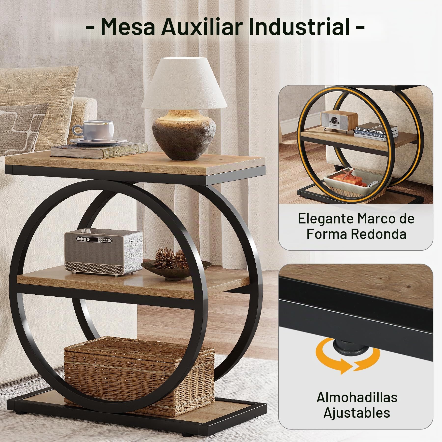 Tribesigns Mesa auxiliar con 3 estantes de almacenamiento, mesa de sofá industrial con marco de metal redondo para sala de estar, mesita de noche de madera diseñada para dormitorio, roble