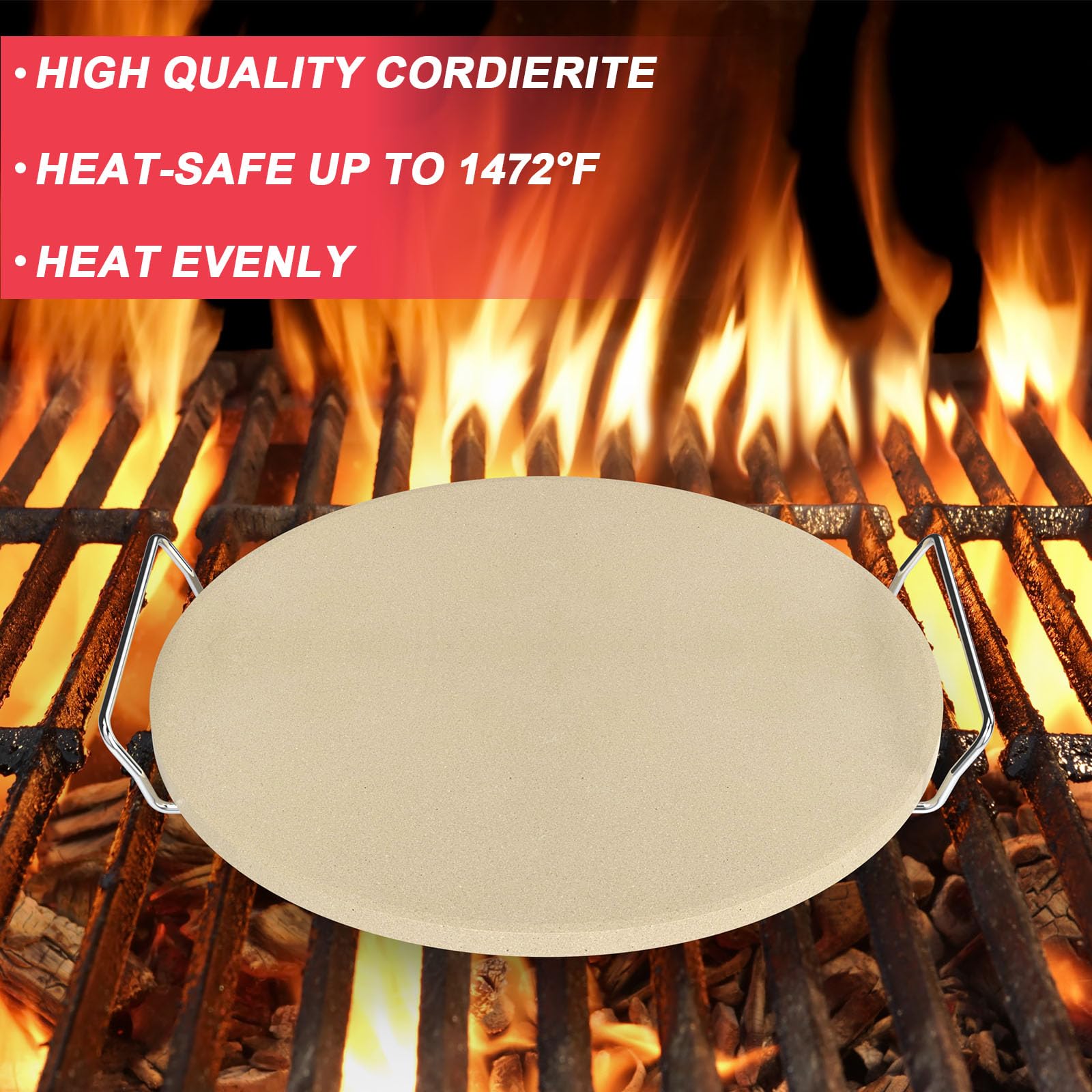 DcYourHome 40,6 cm runder Pizzastein mit Gestell für Ofen, BBQ, Grillen, natürlicher Cordierit Pizzastein Kit mit Pizzaschieber & Kunststoffschaber zum Backen von Brot, universeller